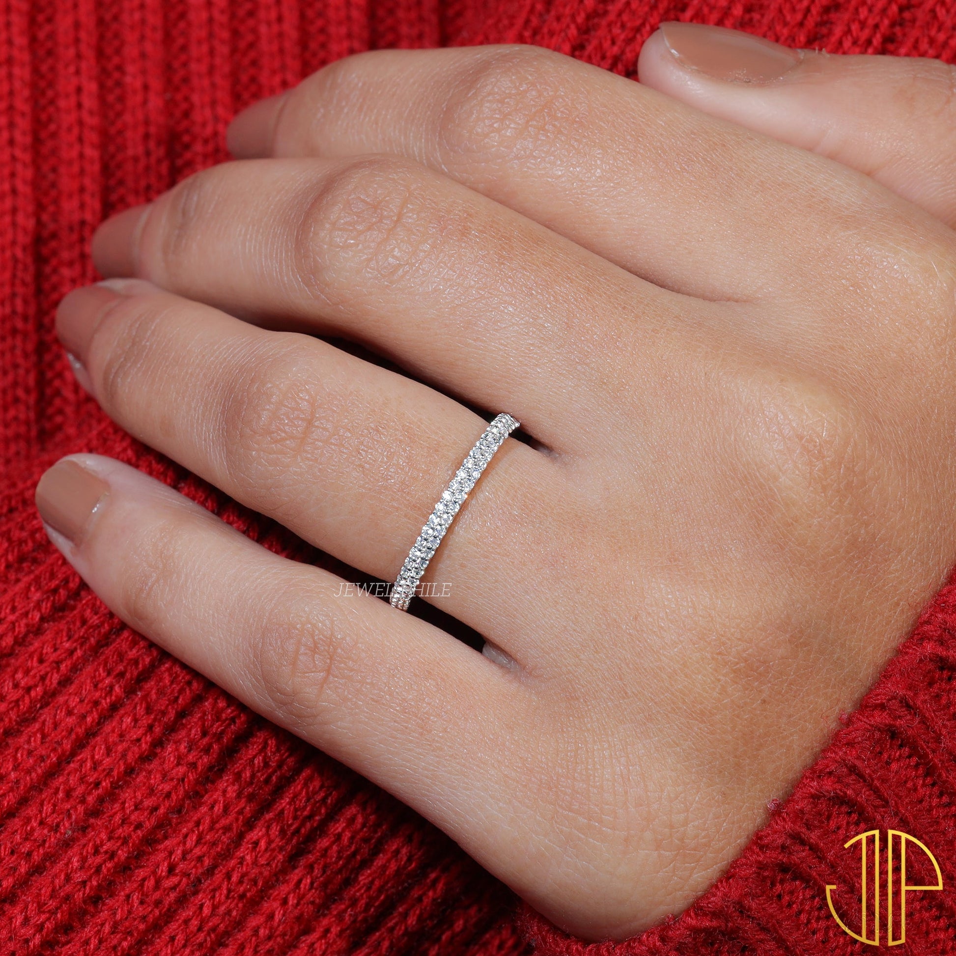 Round Cut Moissanite Pave Set Wedding Band