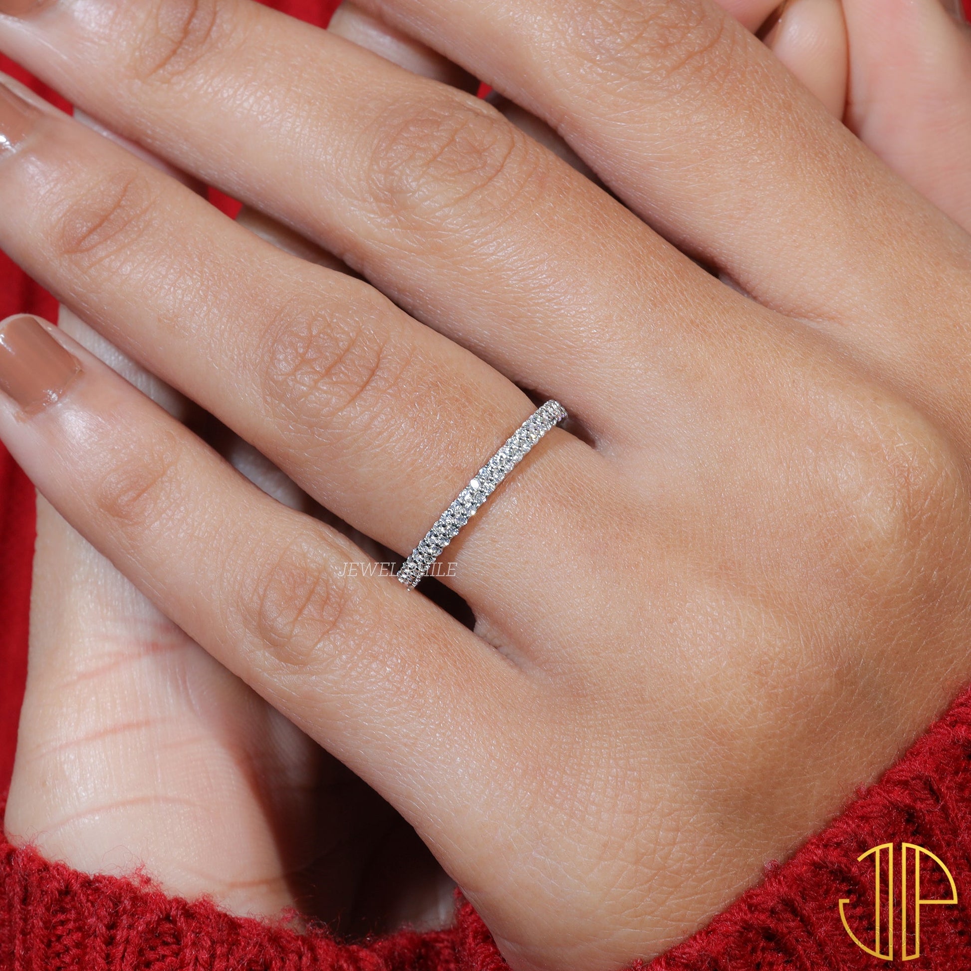 Round Cut Moissanite Pave Set Wedding Band