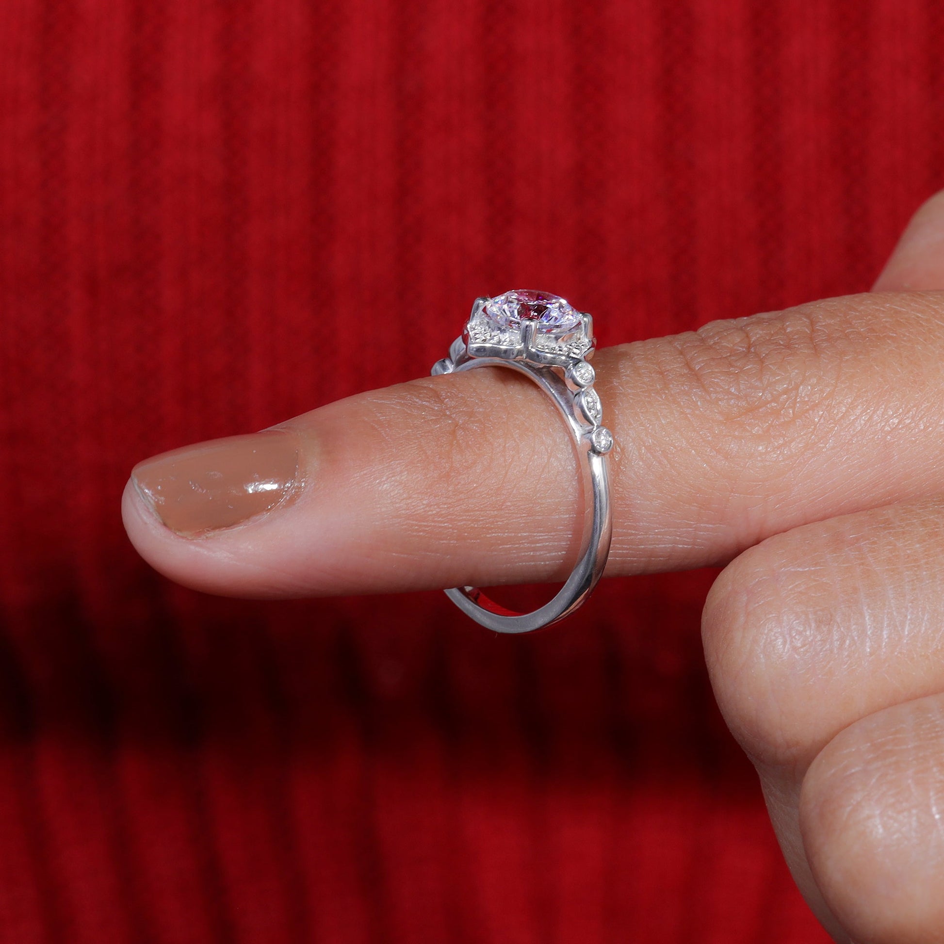 Flower Set Round Cut Moisaanite Unique Halo Engagement Ring