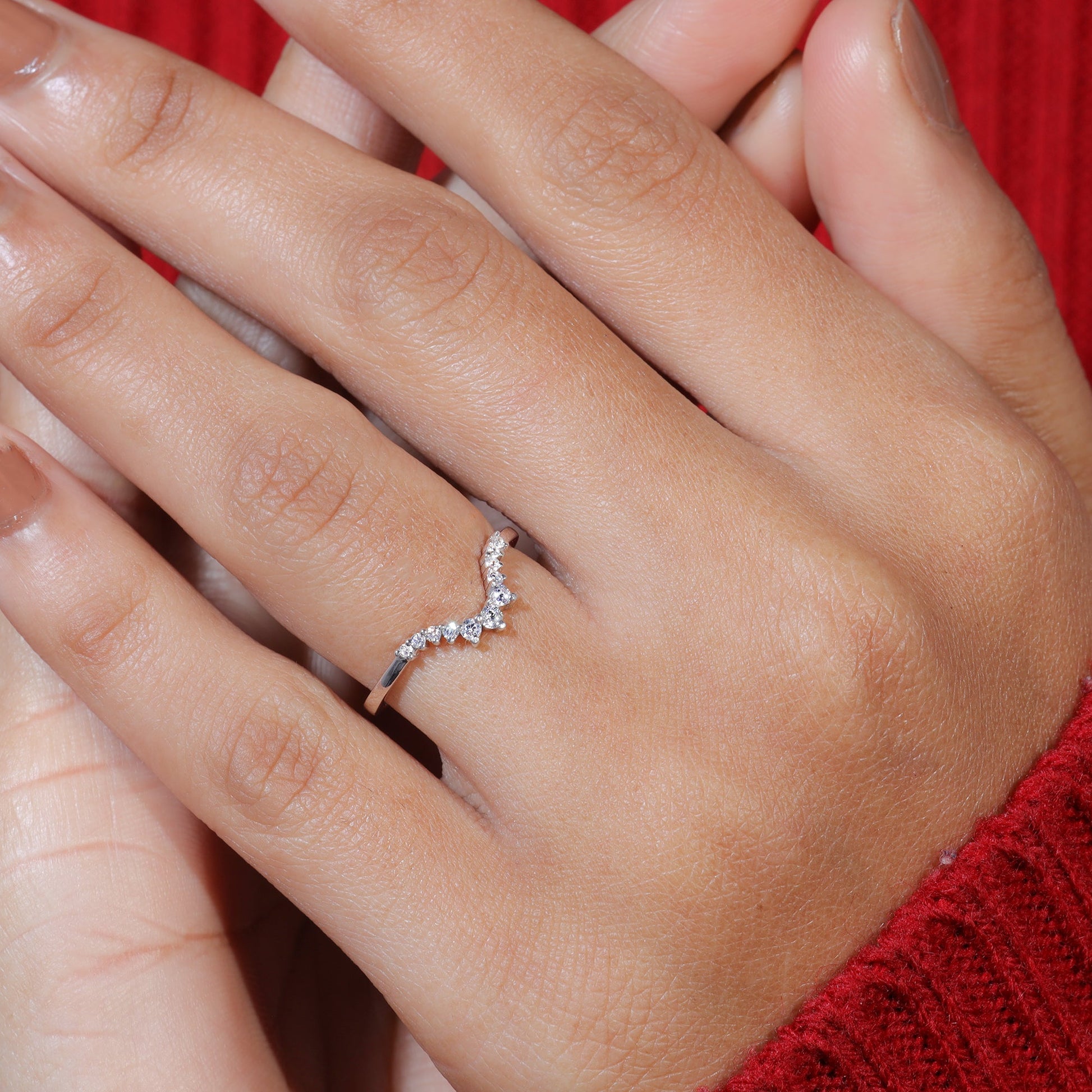 Round Moissanite Chevron Stackable Wedding Band