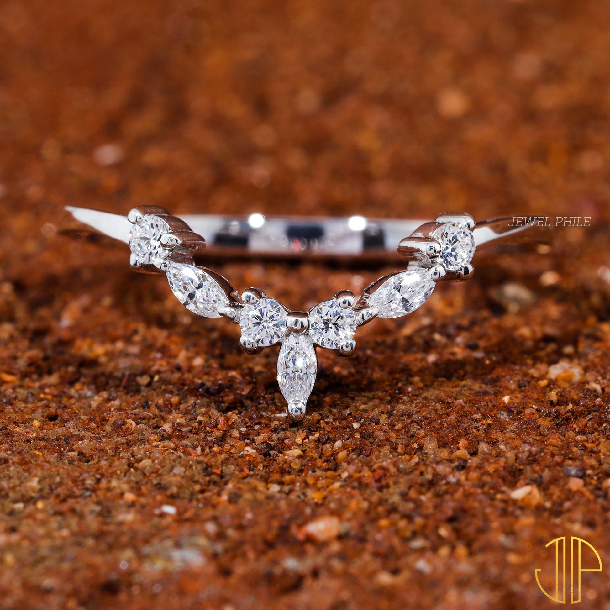 Moissanite Set Chevron V Shape Matching Wedding Band