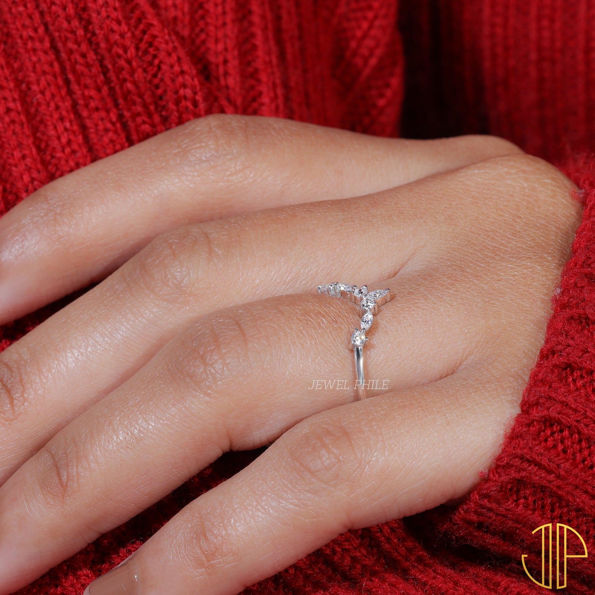 Moissanite Set Chevron V Shape Matching Wedding Band