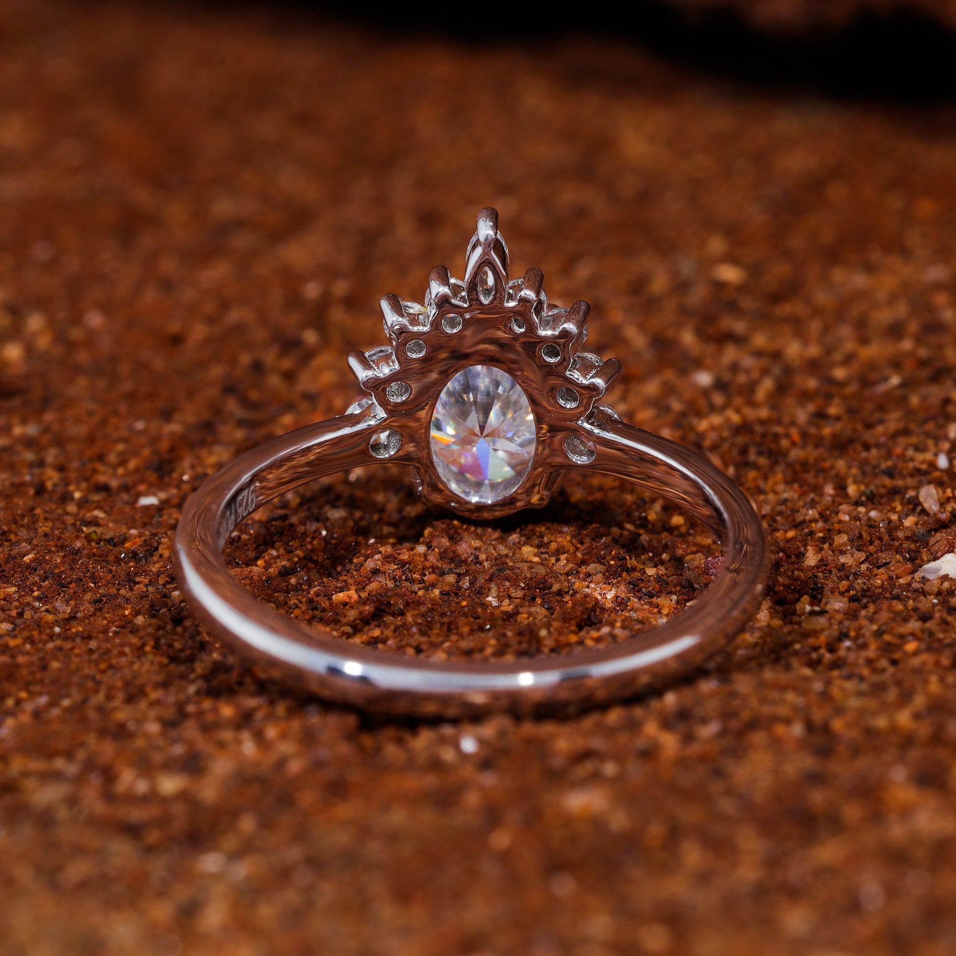 Oval Cut Moissanite Half Starburst Halo Set Engagement Ring