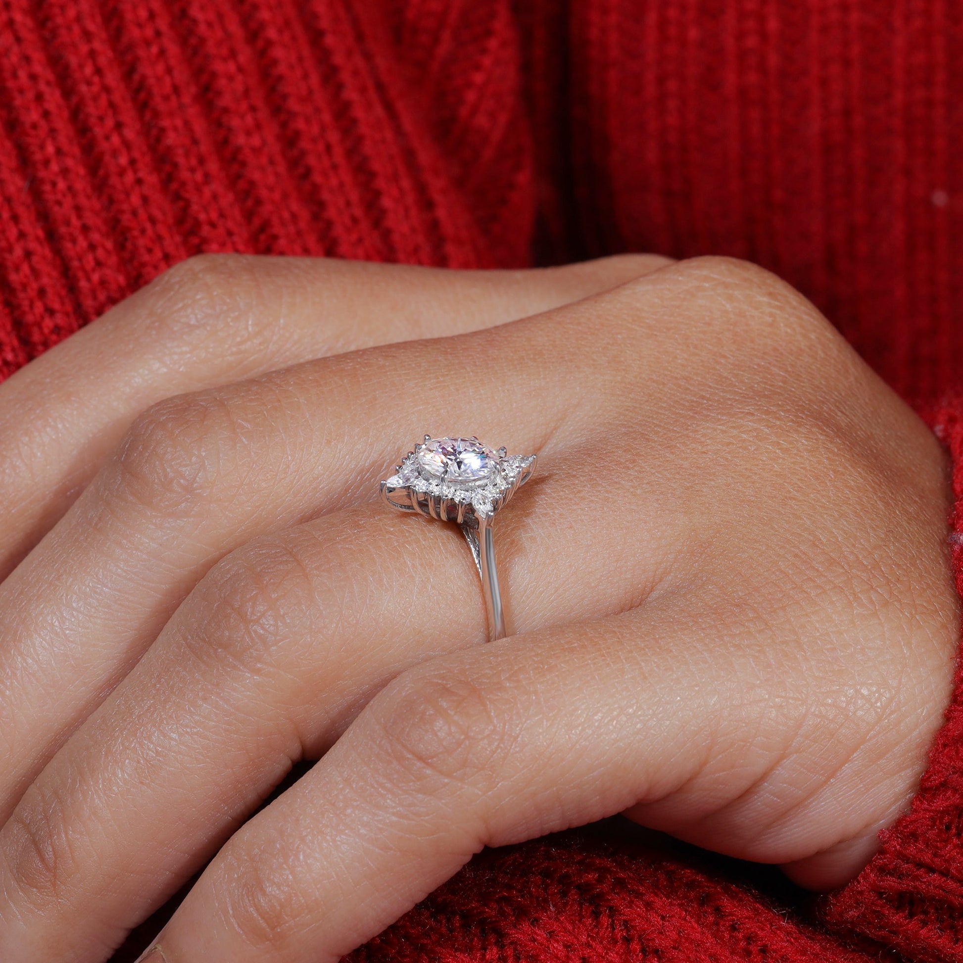 Unique Halo Set Round Cut Moissanite Engagement Ring