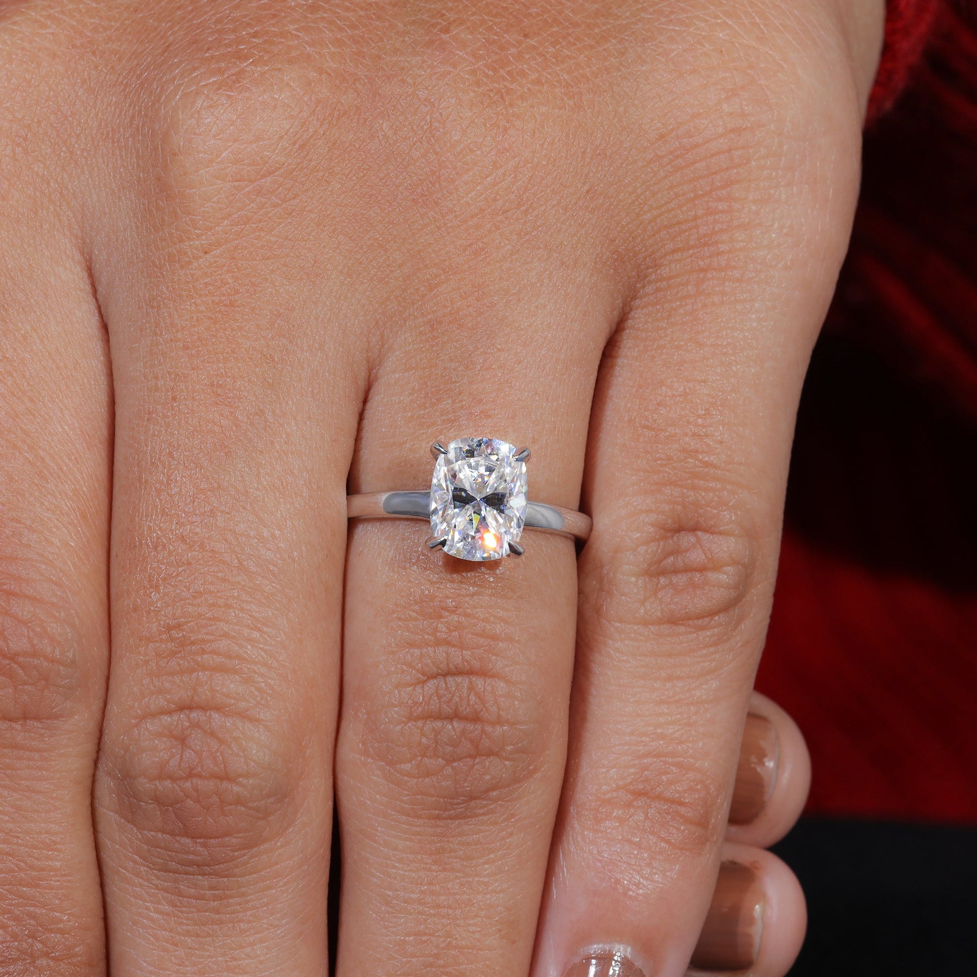 Elongated Cushion Cut Moisaanite Hidden Halo Engagement Ring