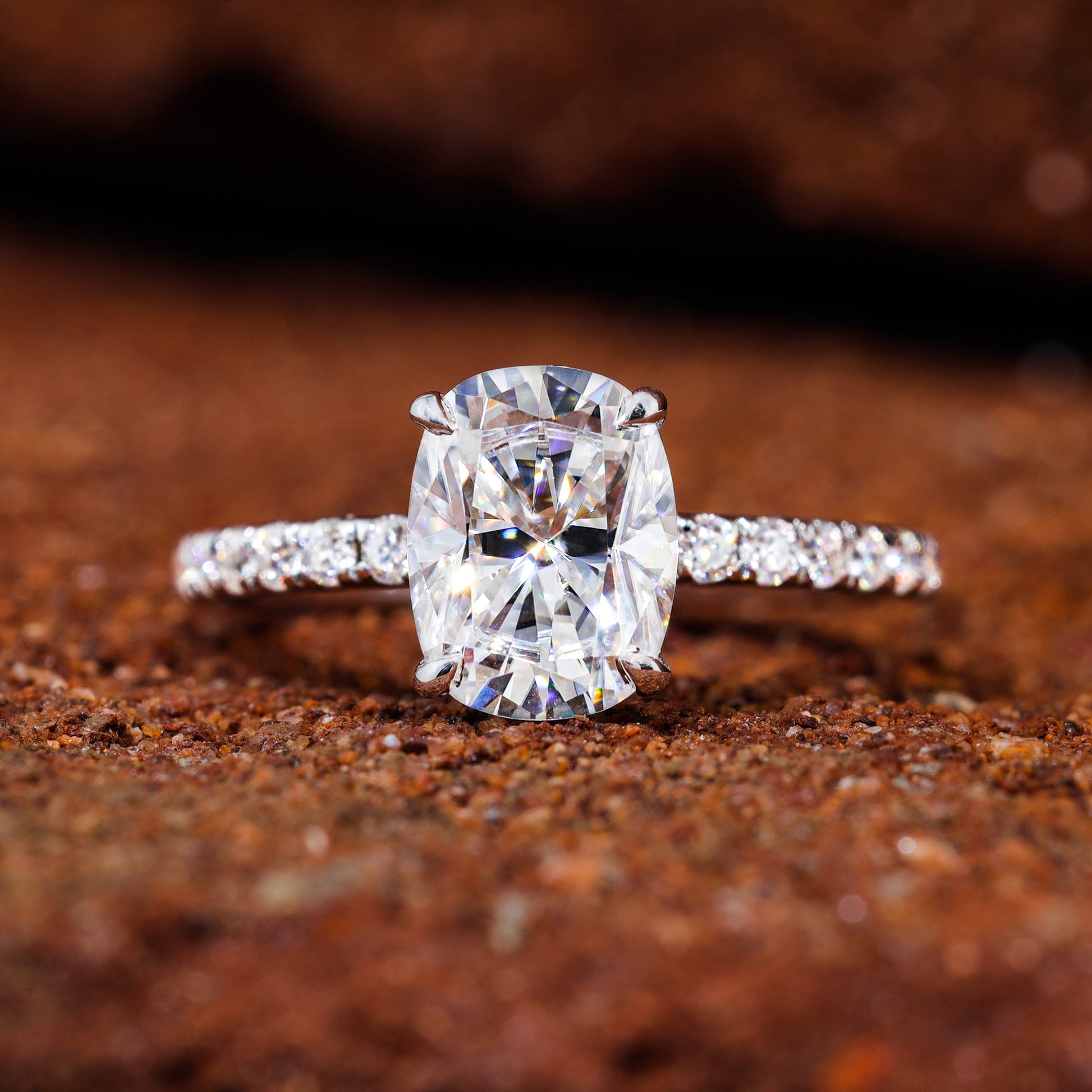 Elongated Cushion Cut Moissanite Pave Engagement Ring