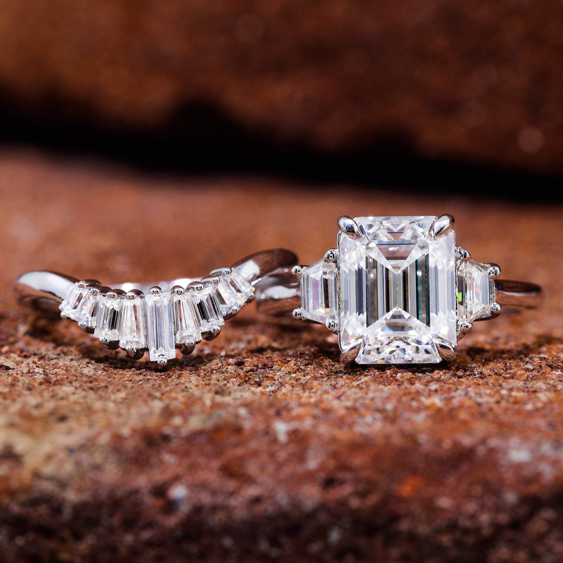Emerald Cut Moissanite Trilogy Bridal Engagement Ring set