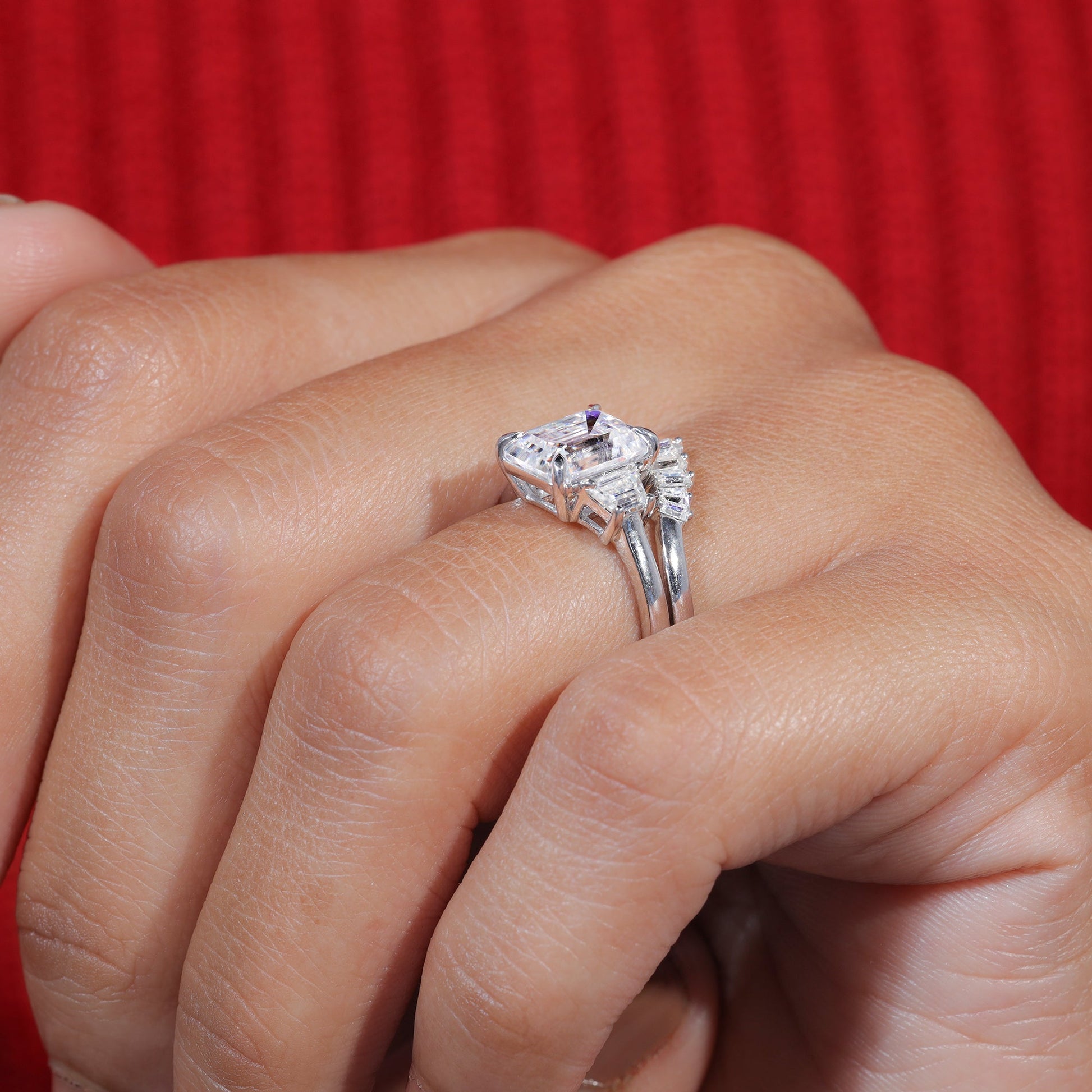 Emerald Cut Moissanite Trilogy Bridal Engagement Ring set