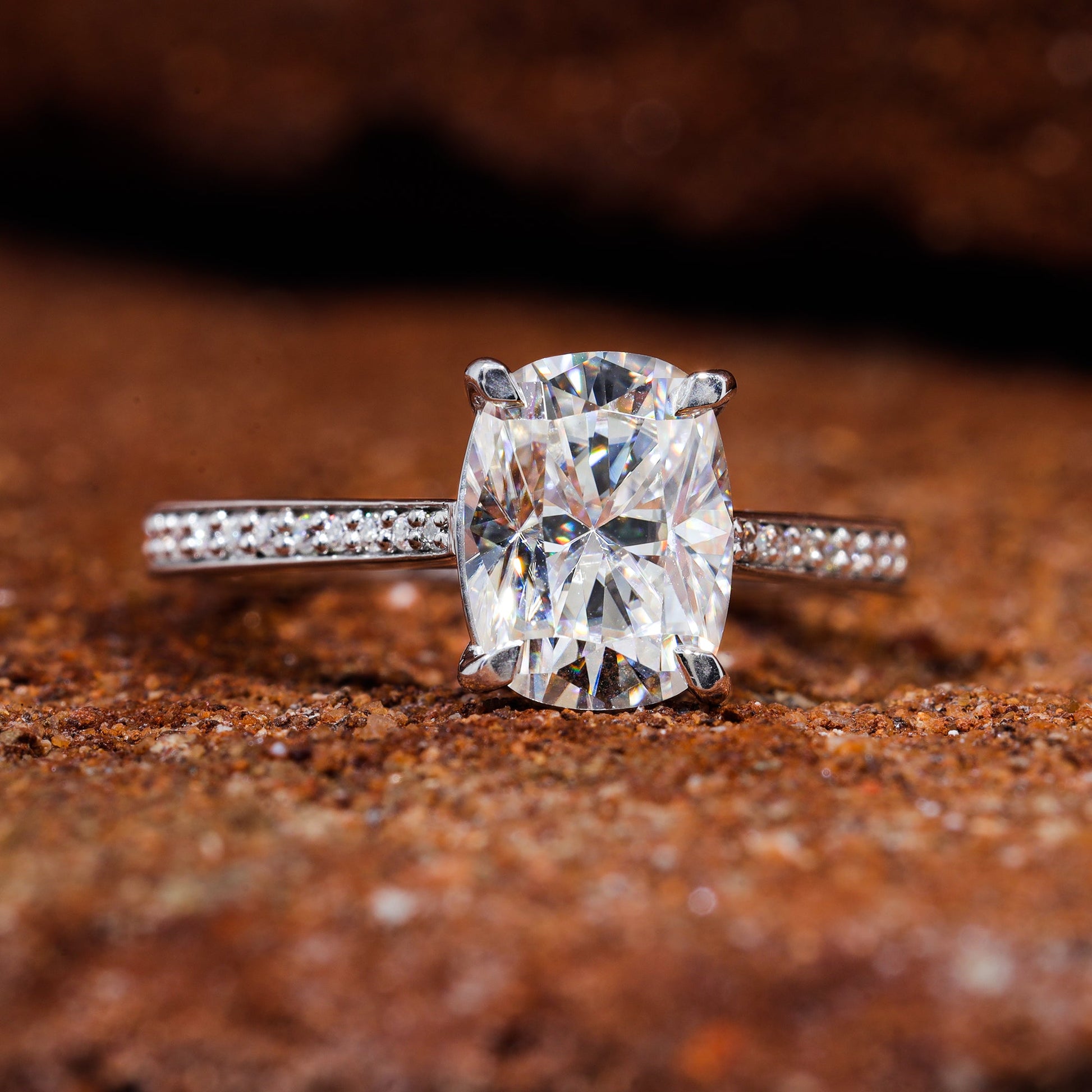 Elongated Cushion Cut Moissanite Channel Set Engagement Ring