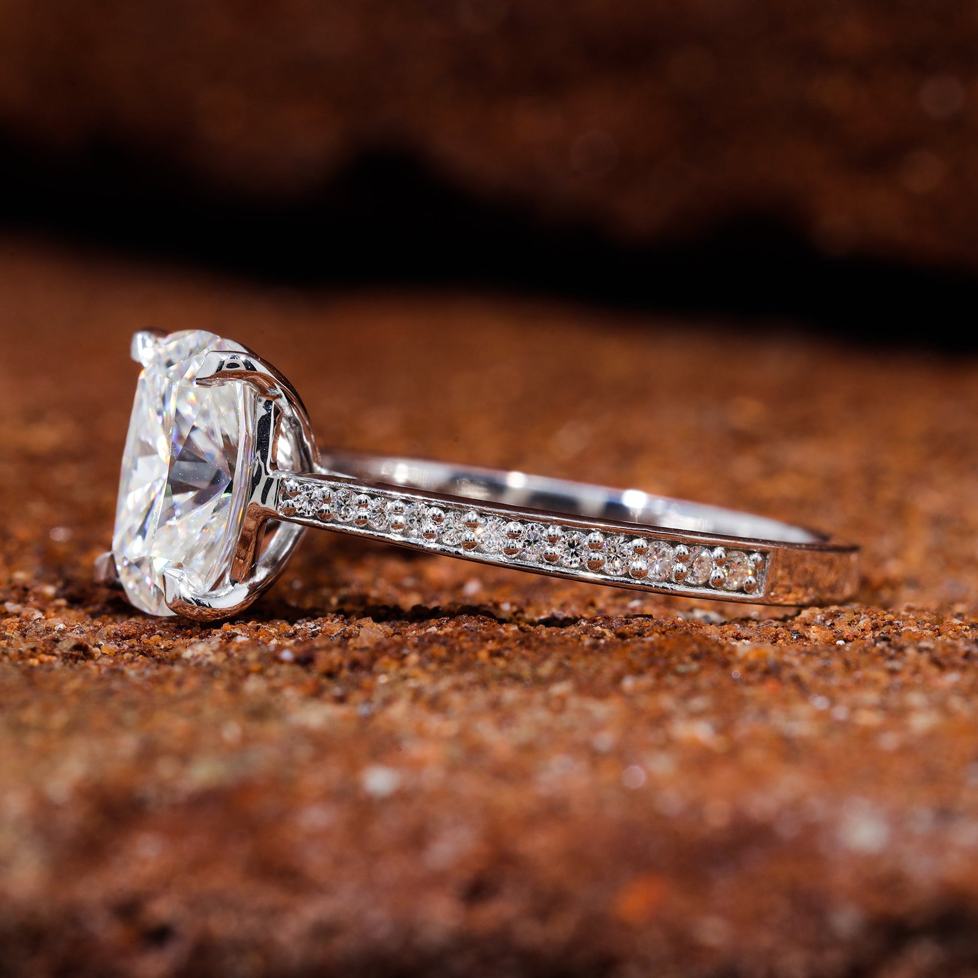 Elongated Cushion Cut Moissanite Channel Set Engagement Ring