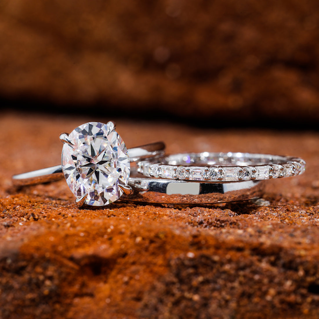 Oval Cut Moissanite Wedding Ring With Plain Wide Matching Band