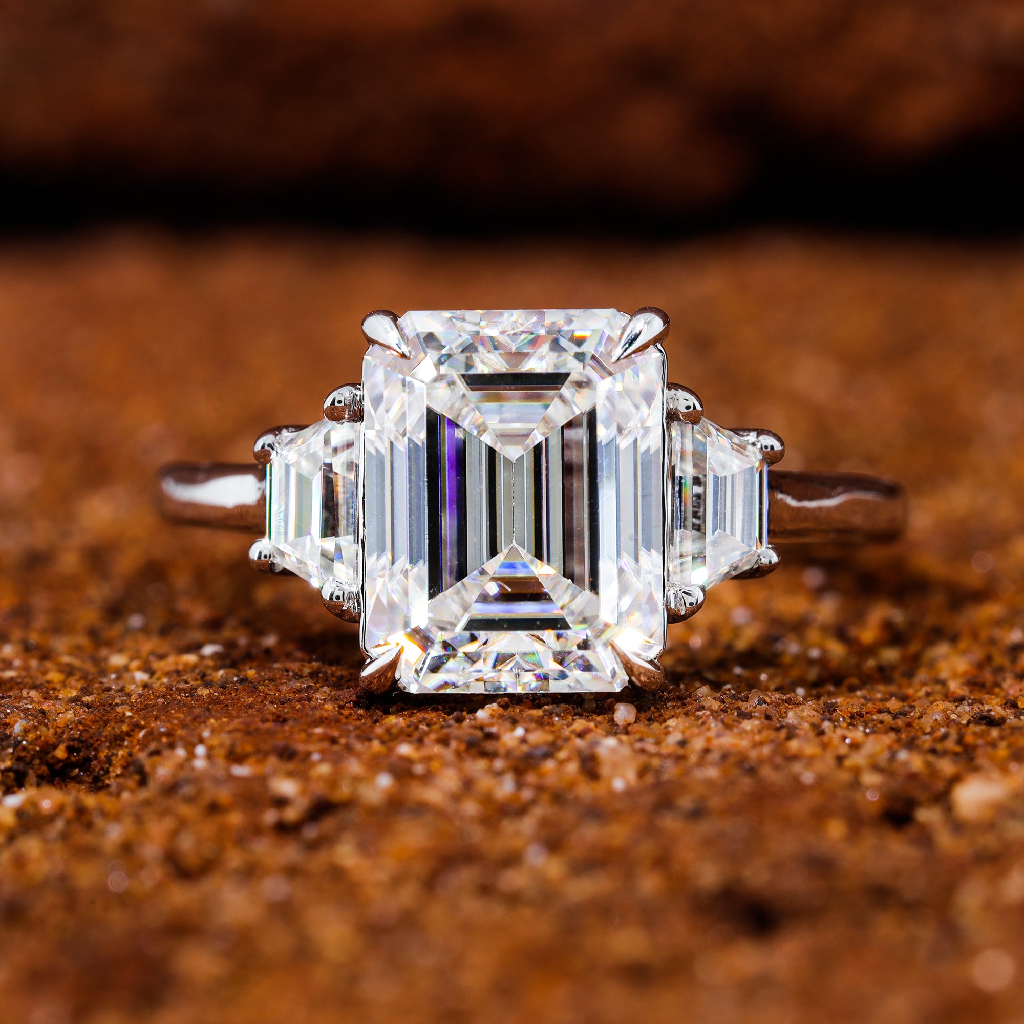 Three Stone Emerald Cut Moissanite Set Engagement Ring