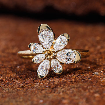 Pear Cut Moissanite Set Flower Shape Engagement Ring