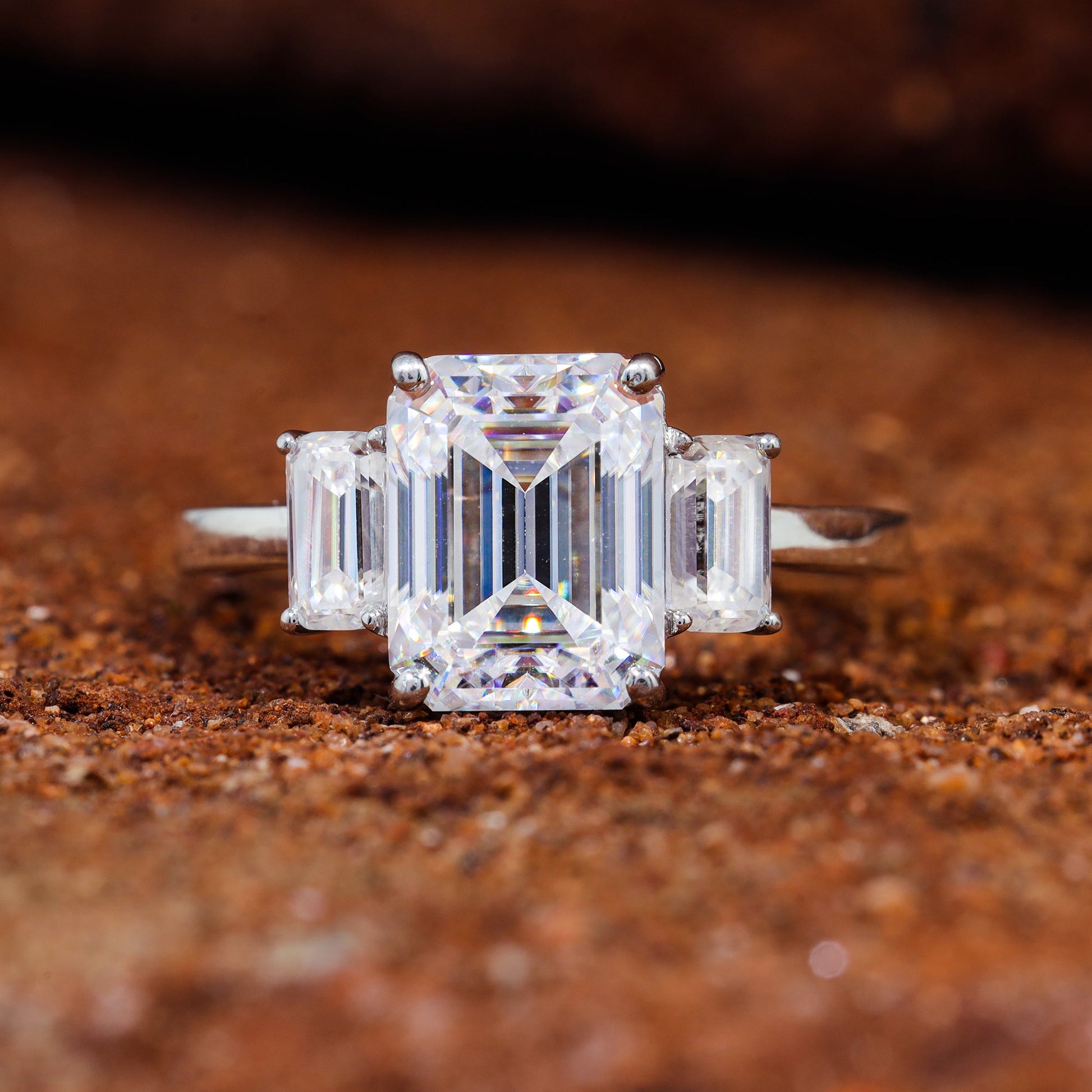 Trilogy Emerald Cut Moissanite Set Engagement Ring