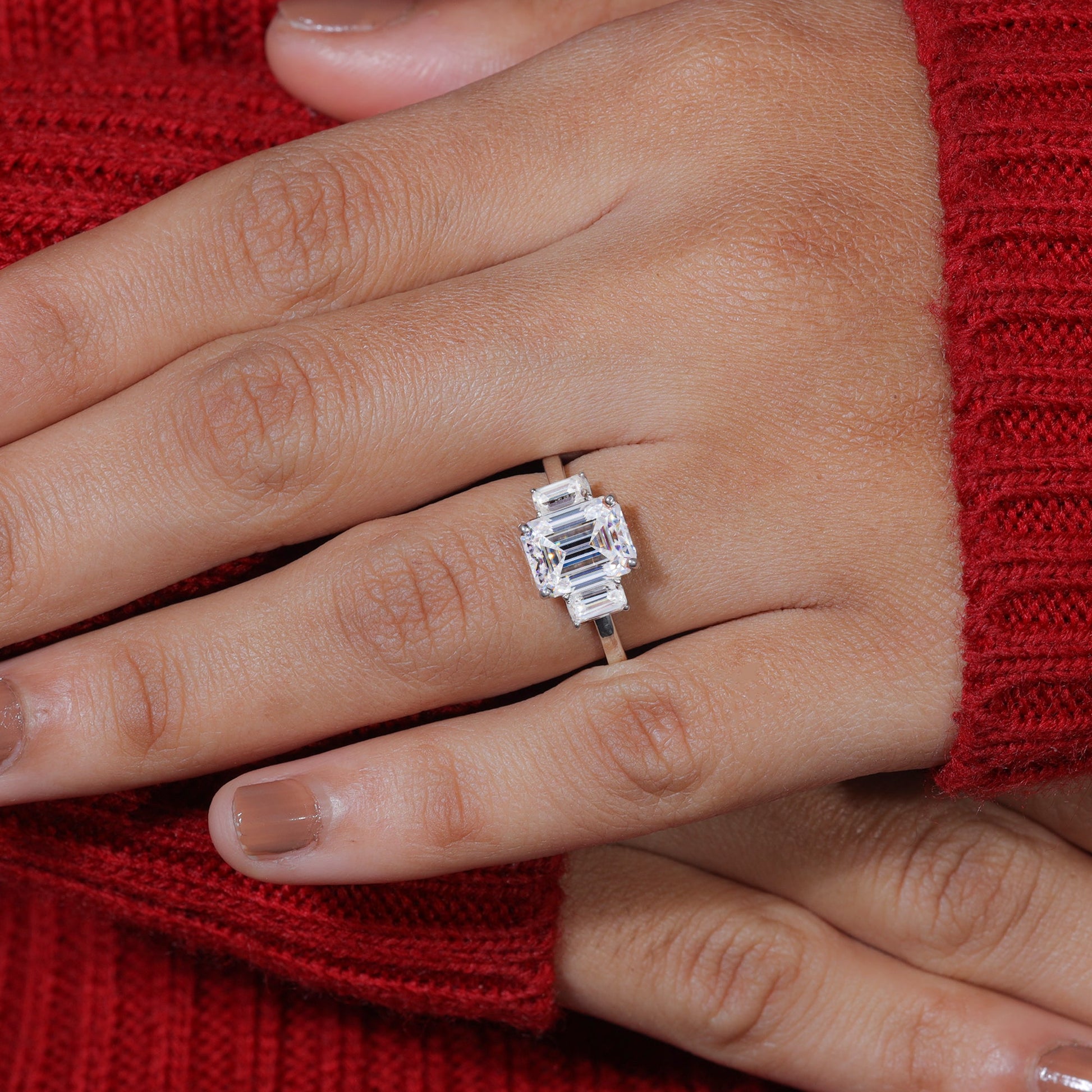 Trilogy Emerald Cut Moissanite Set Engagement Ring