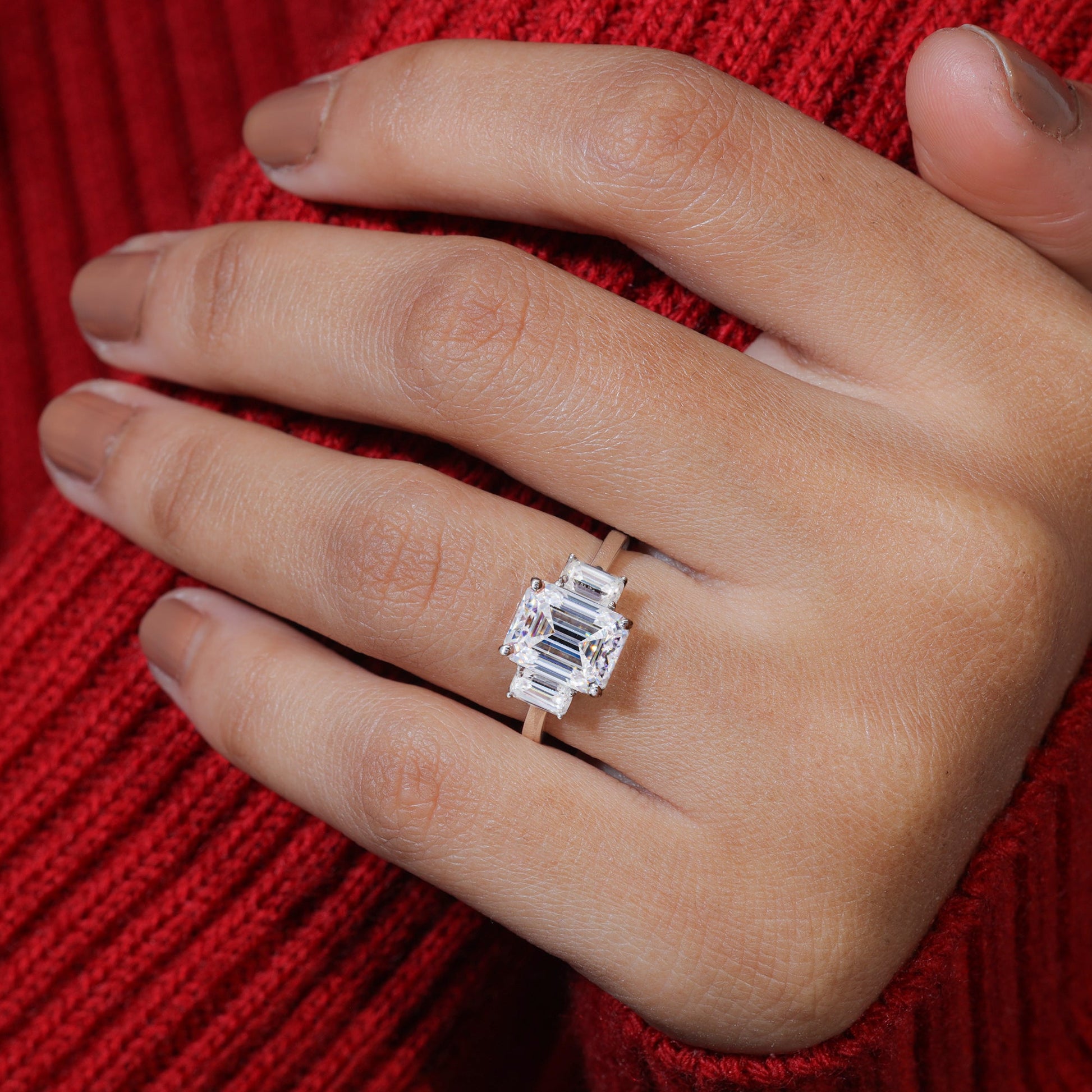 Trilogy Emerald Cut Moissanite Set Engagement Ring