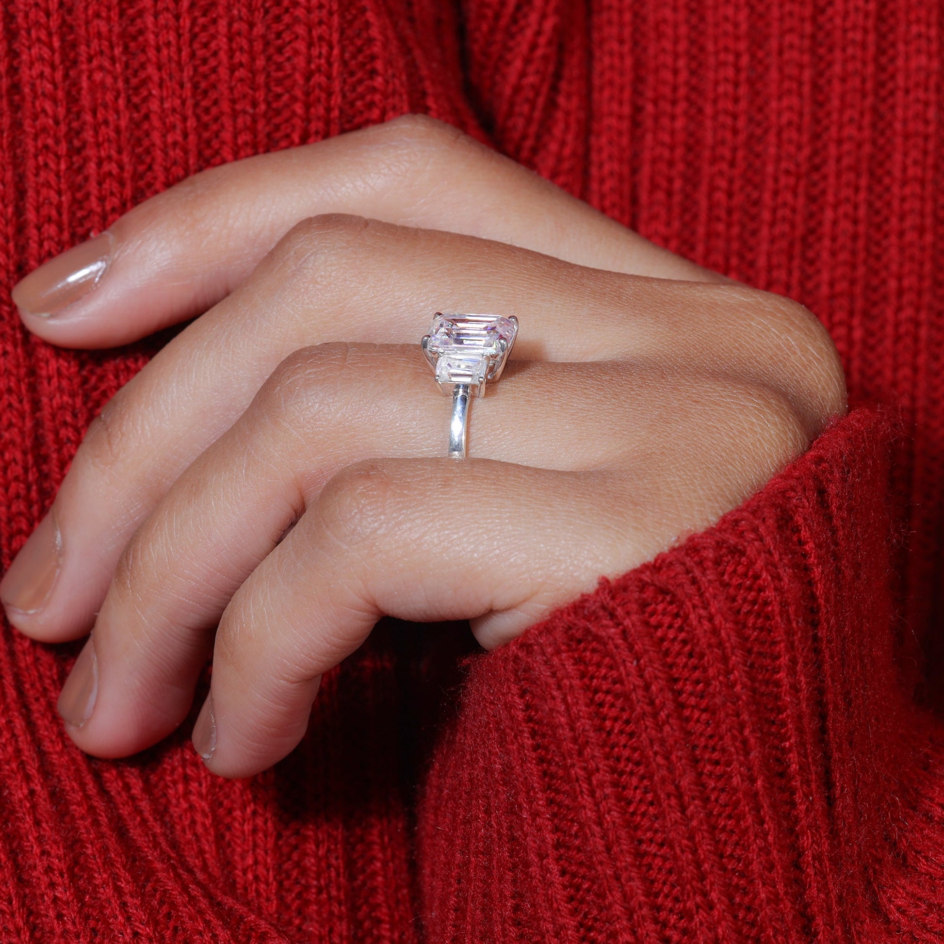 Trilogy Emerald Cut Moissanite Set Engagement Ring