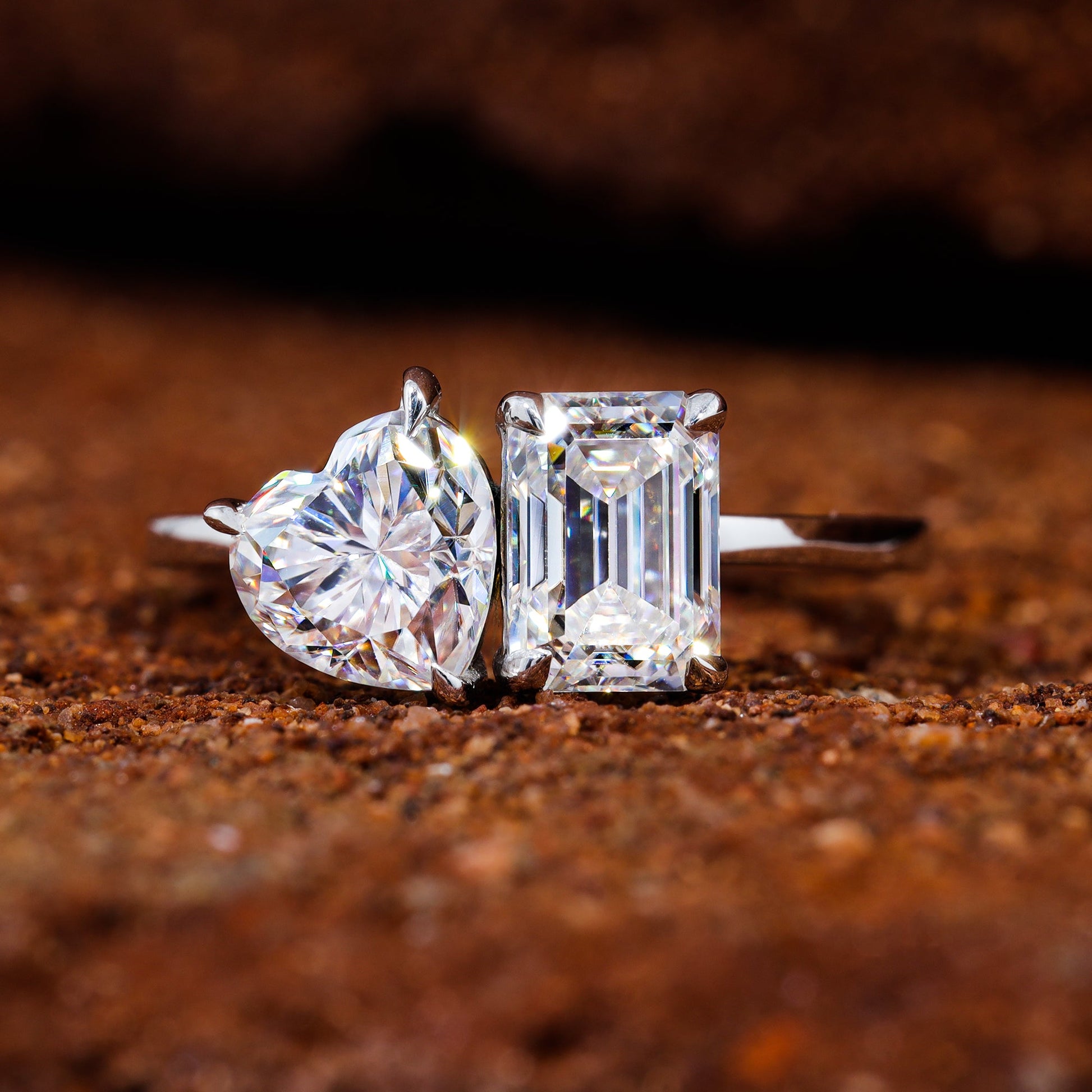 Emerald and Heart Moissanite Set Toi Et Moi Engagement Ring