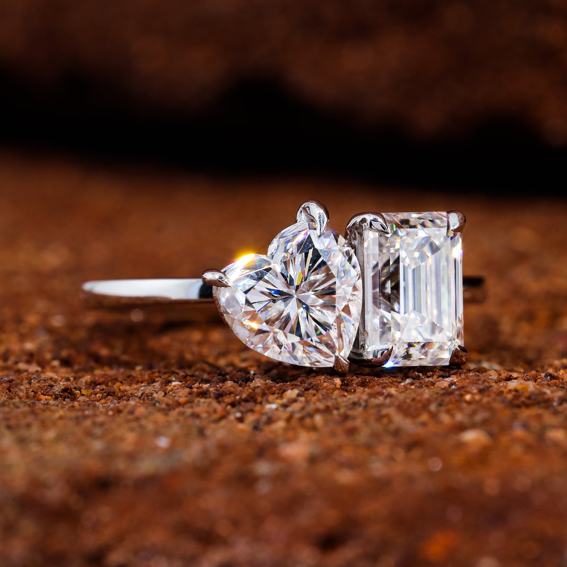 Emerald and Heart Moissanite Set Toi Et Moi Engagement Ring