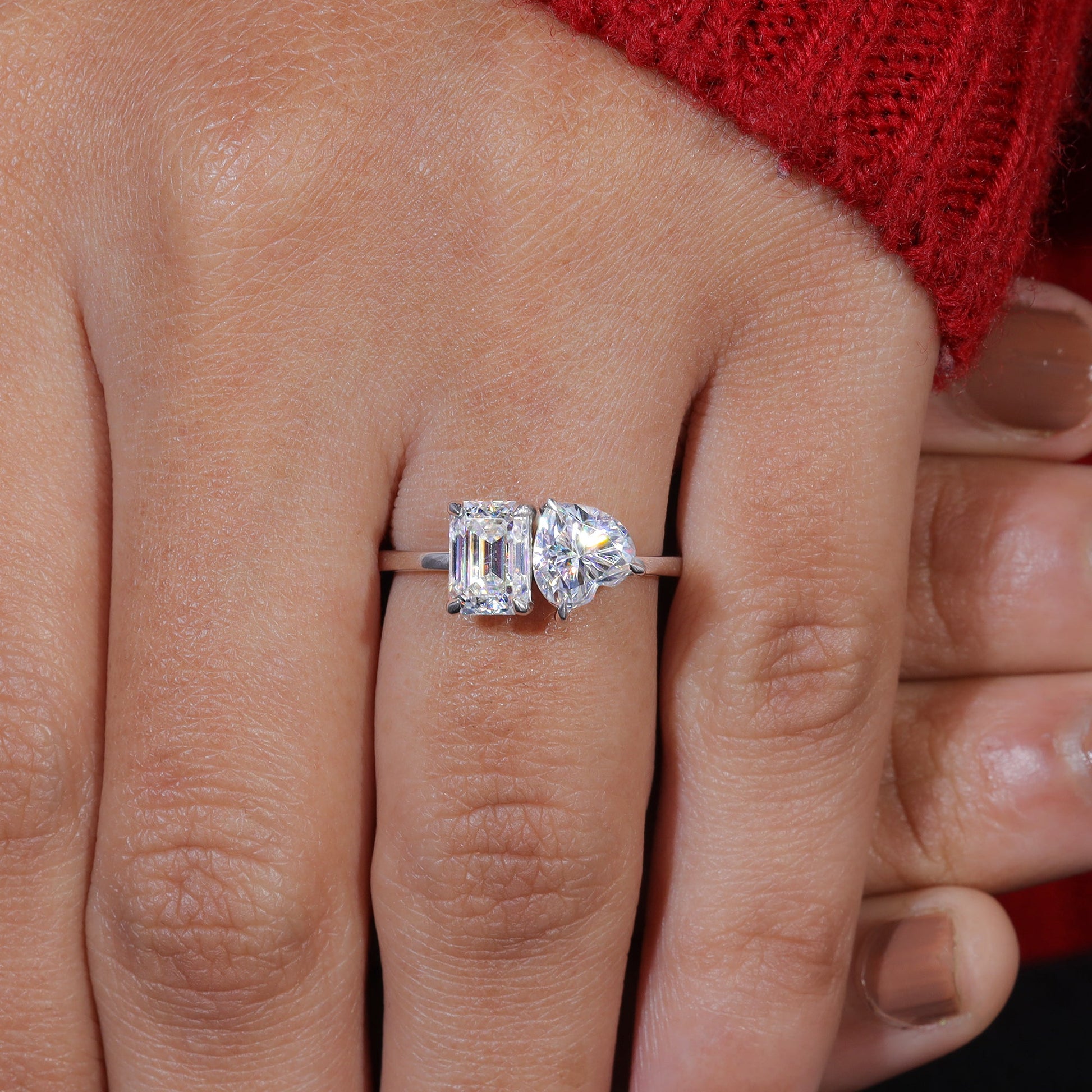 Emerald and Heart Moissanite Set Toi Et Moi Engagement Ring