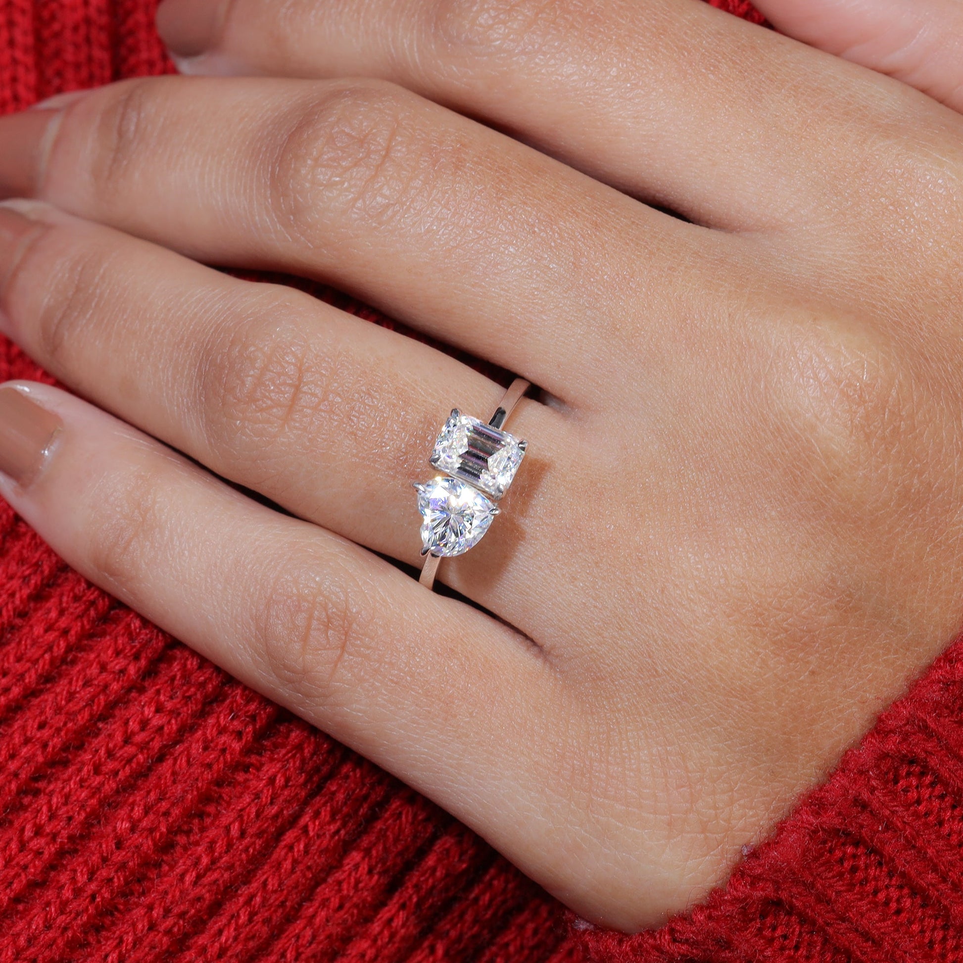 Emerald and Heart Moissanite Set Toi Et Moi Engagement Ring