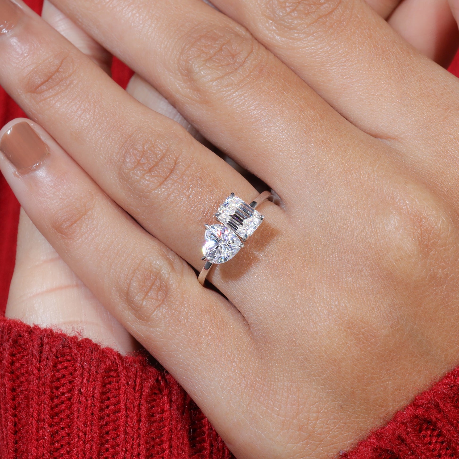 Emerald and Heart Moissanite Set Toi Et Moi Engagement Ring