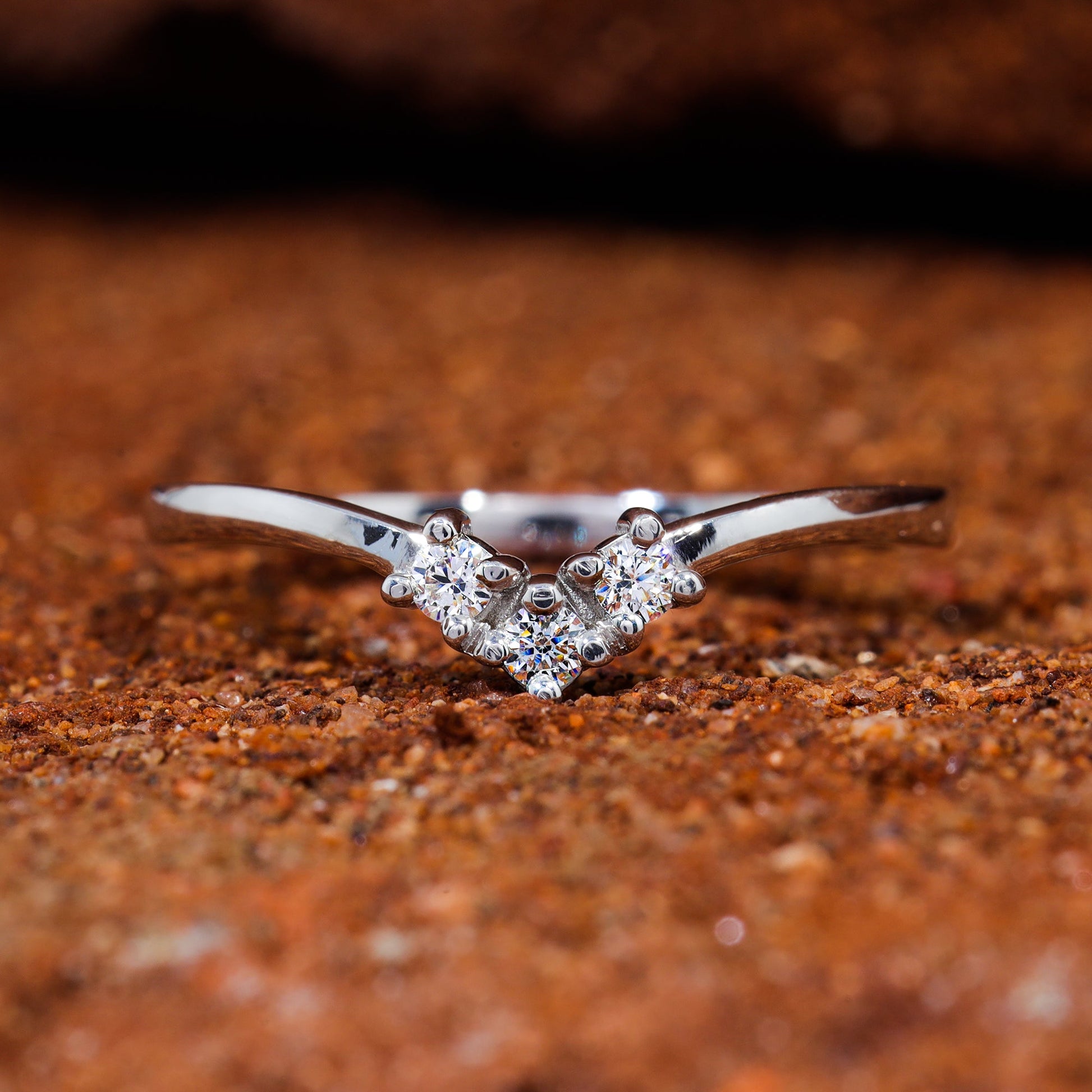 Three Stone Moissanite Set V-Shape Matching Wedding Band