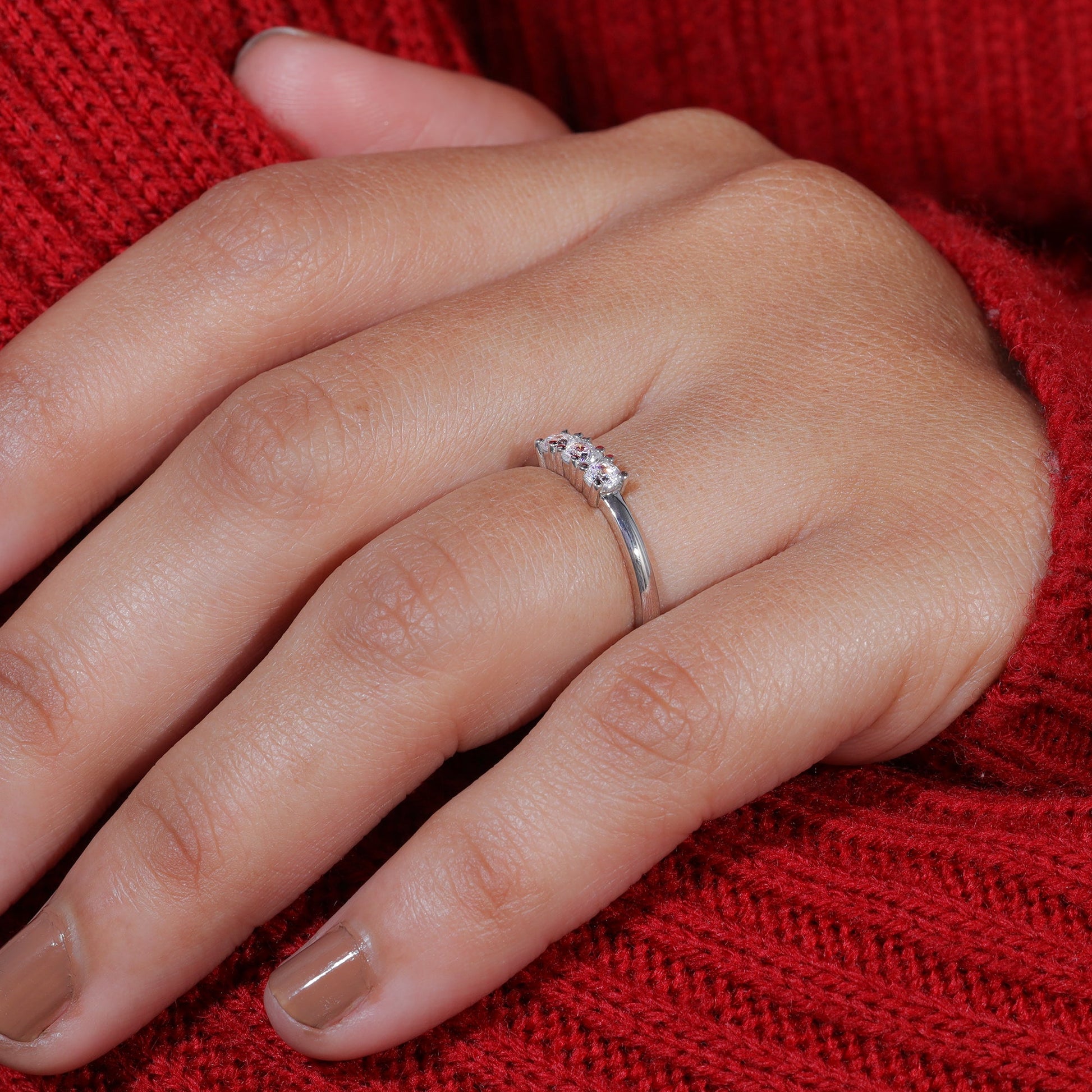 Round Cut Moissanite Three Stone Dainty Wedding Band