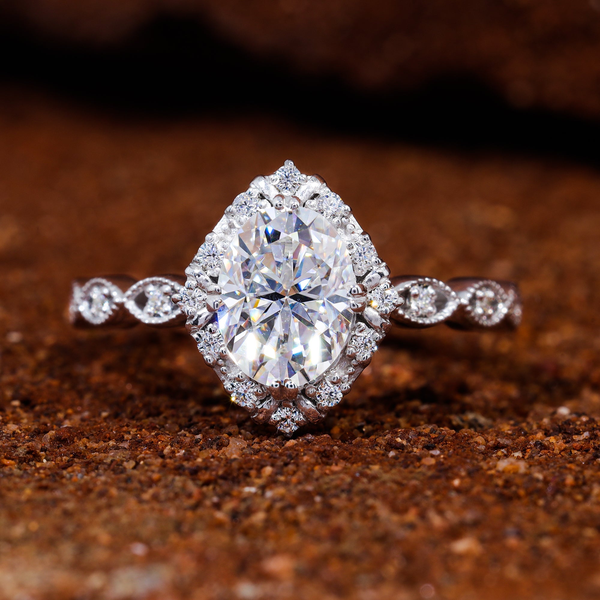 Unique Halo Set Oval Cut Moissanite Engagement Ring