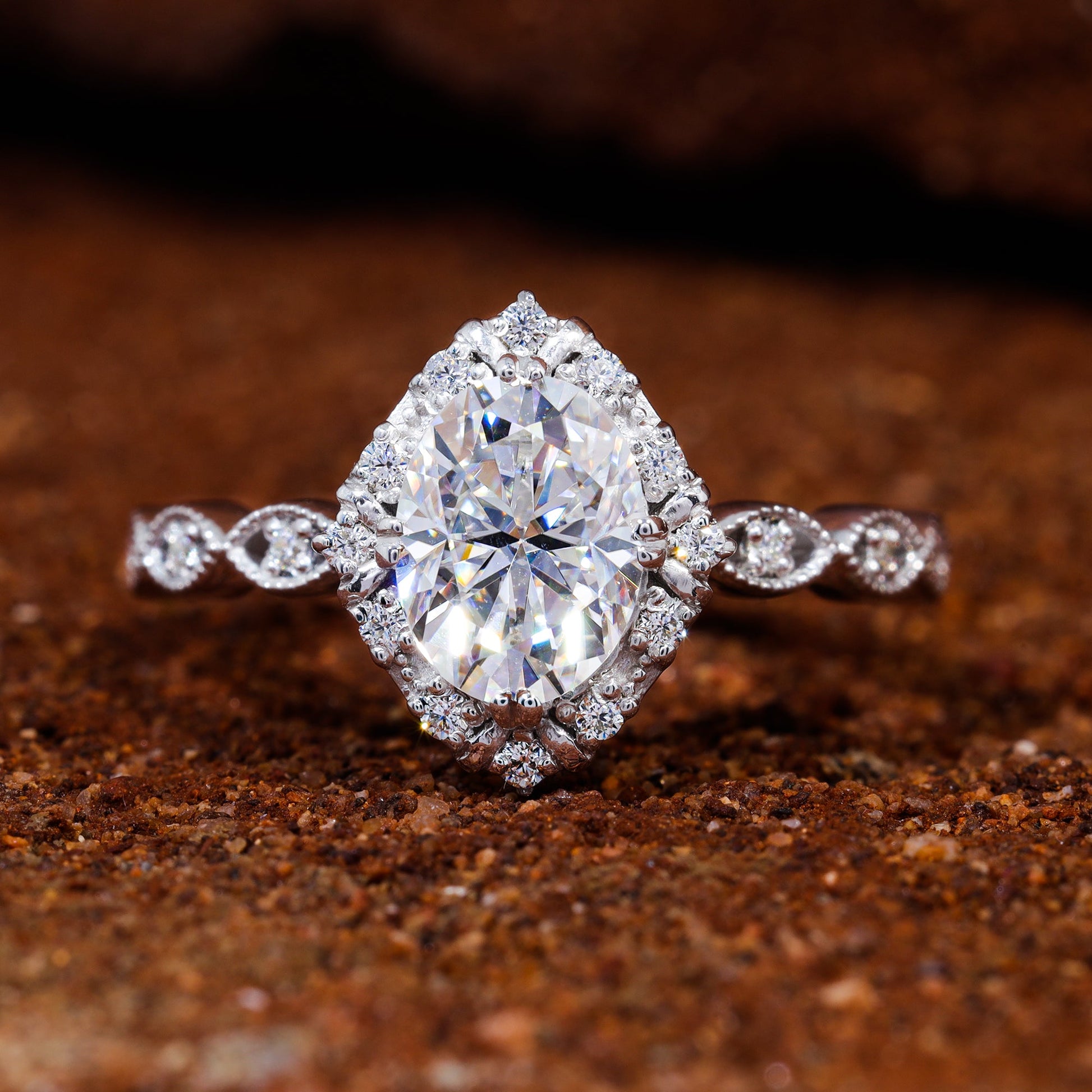 Unique Halo Set Oval Cut Moissanite Engagement Ring