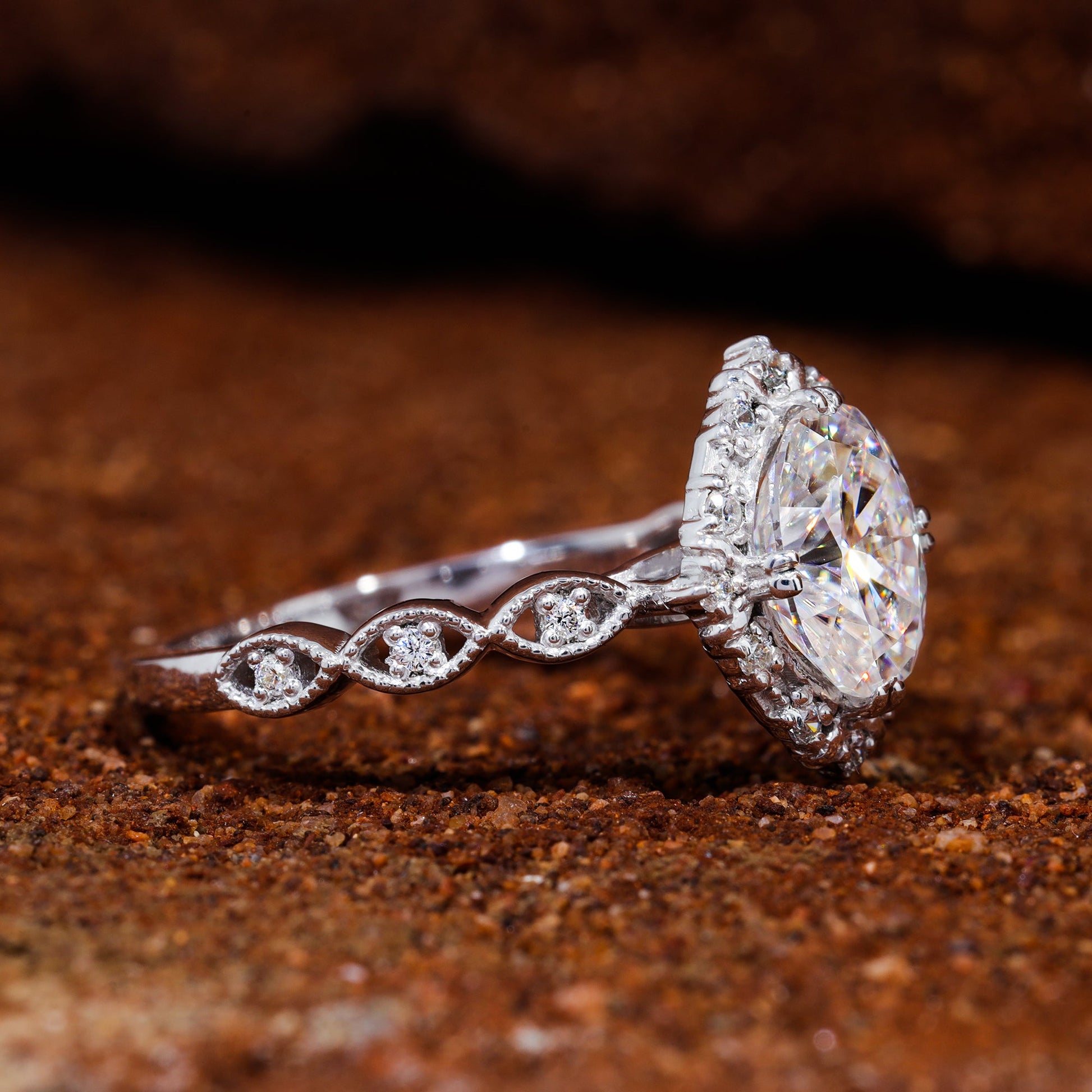 Unique Halo Set Oval Cut Moissanite Engagement Ring