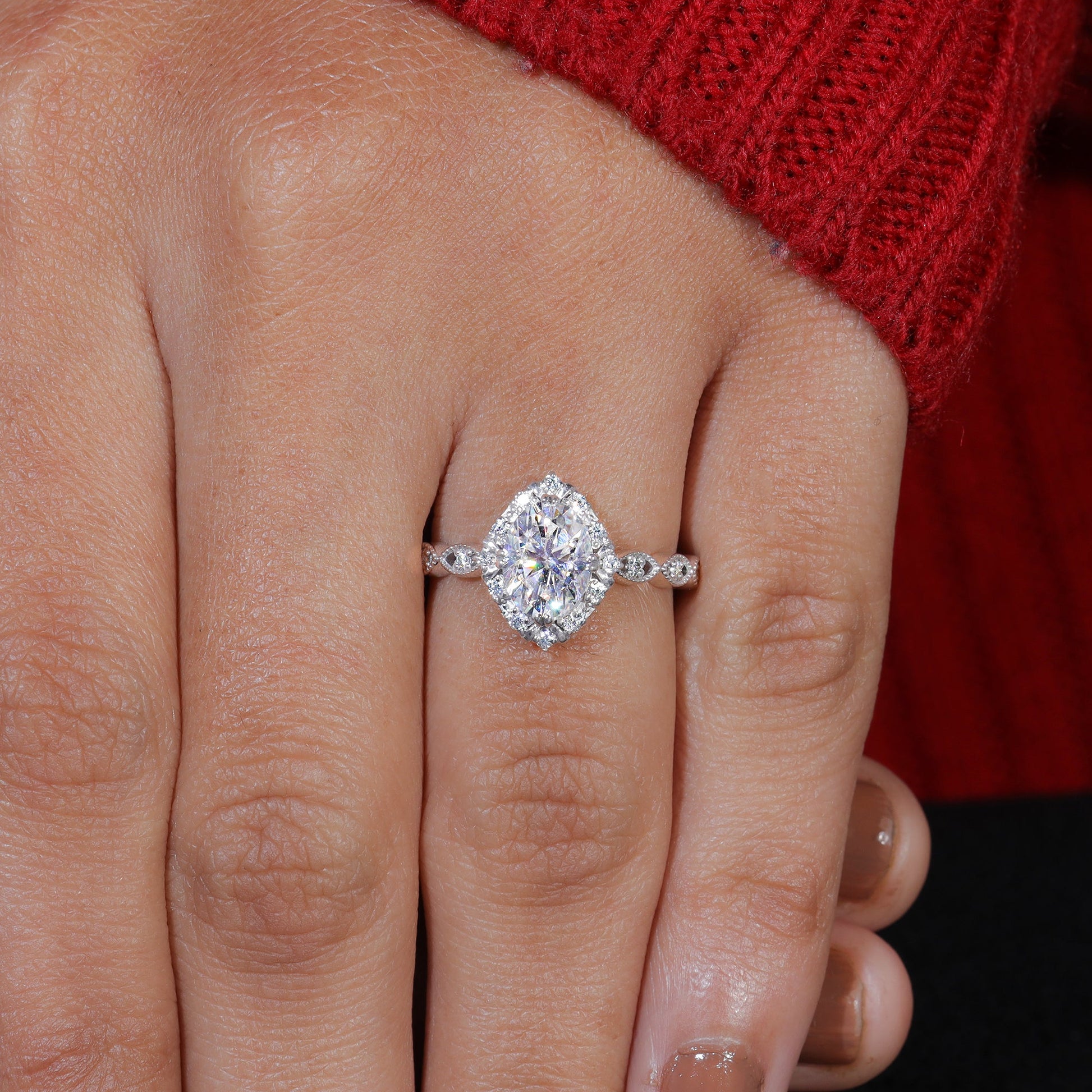 Unique Halo Set Oval Cut Moissanite Engagement Ring