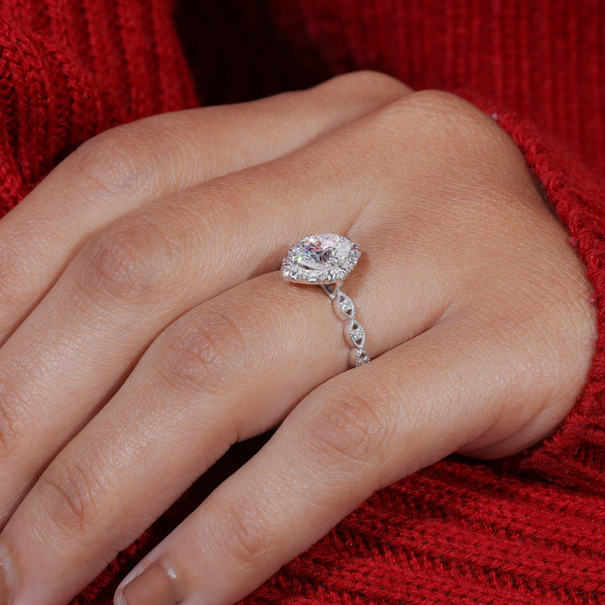 Unique Halo Set Oval Cut Moissanite Engagement Ring