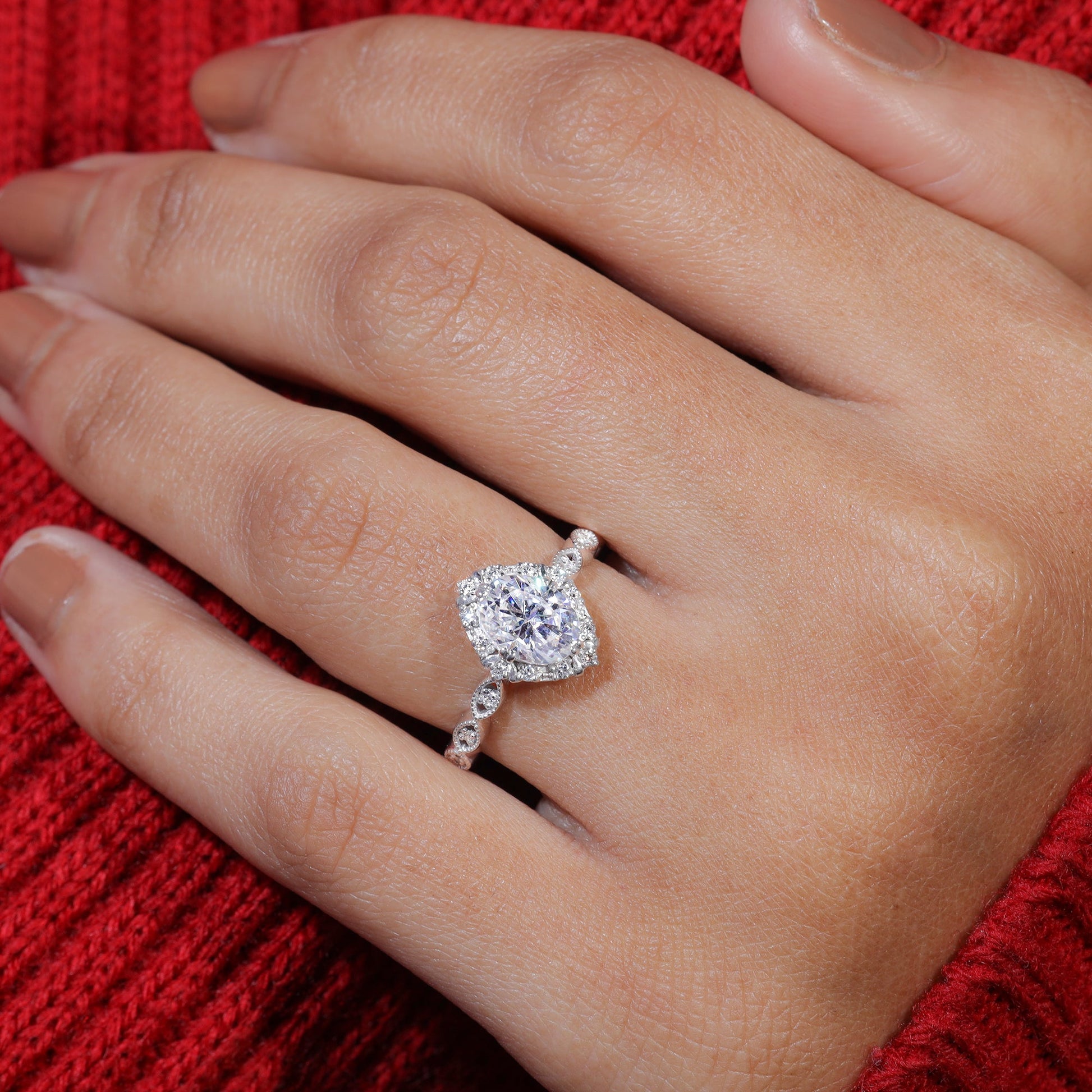 Unique Halo Set Oval Cut Moissanite Engagement Ring