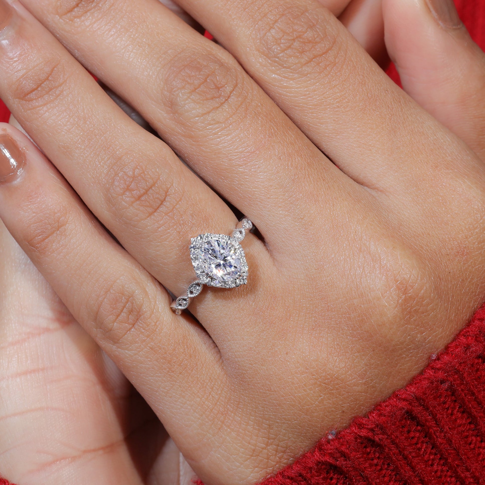 Unique Halo Set Oval Cut Moissanite Engagement Ring