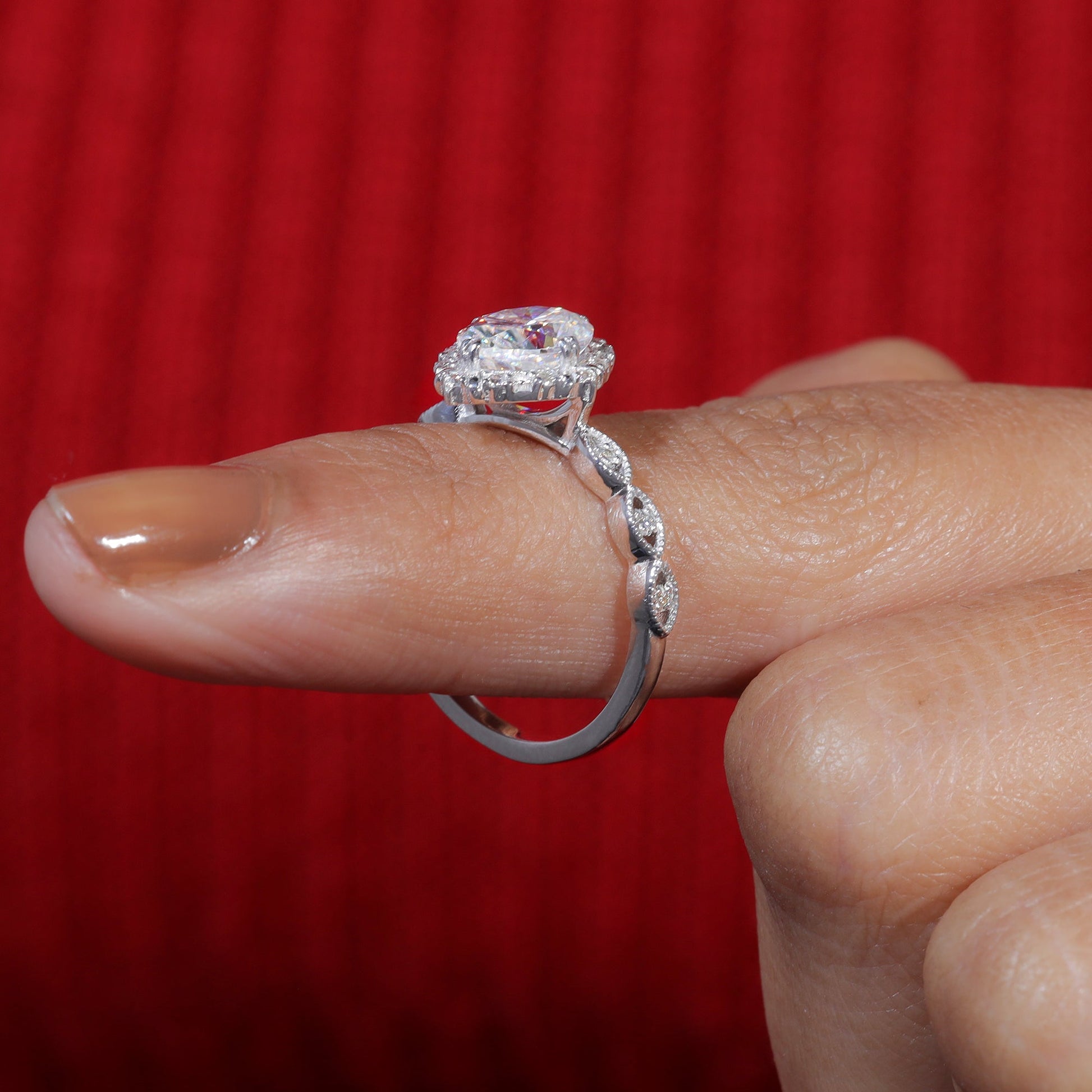 Unique Halo Set Oval Cut Moissanite Engagement Ring