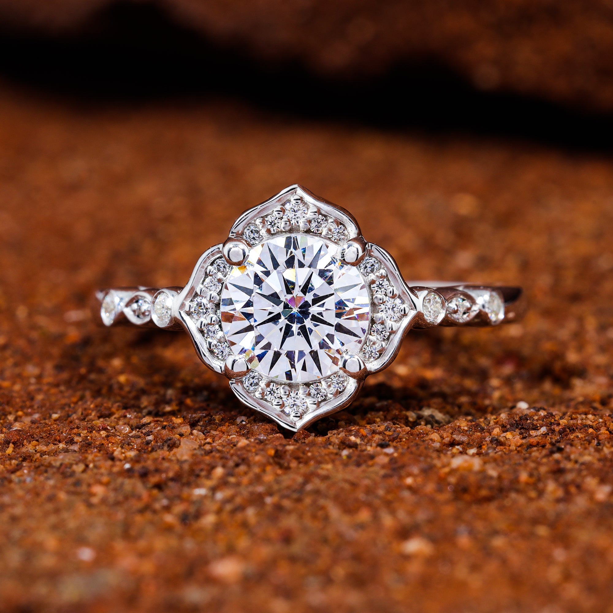 Flower Set Round Cut Moisaanite Unique Halo Engagement Ring