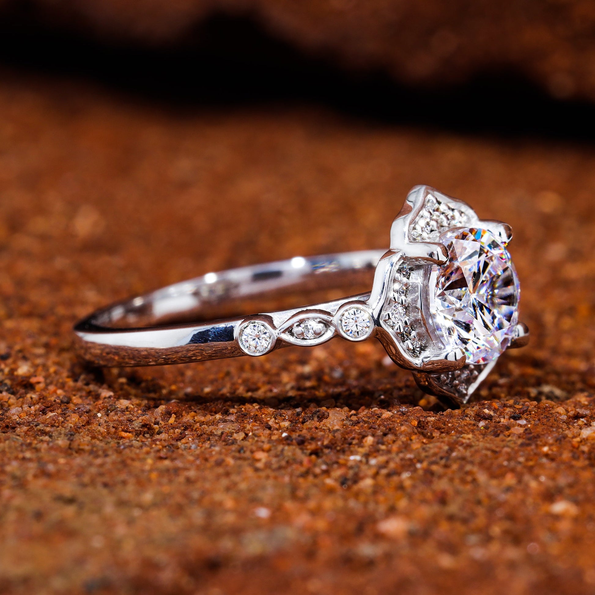 Flower Set Round Cut Moisaanite Unique Halo Engagement Ring
