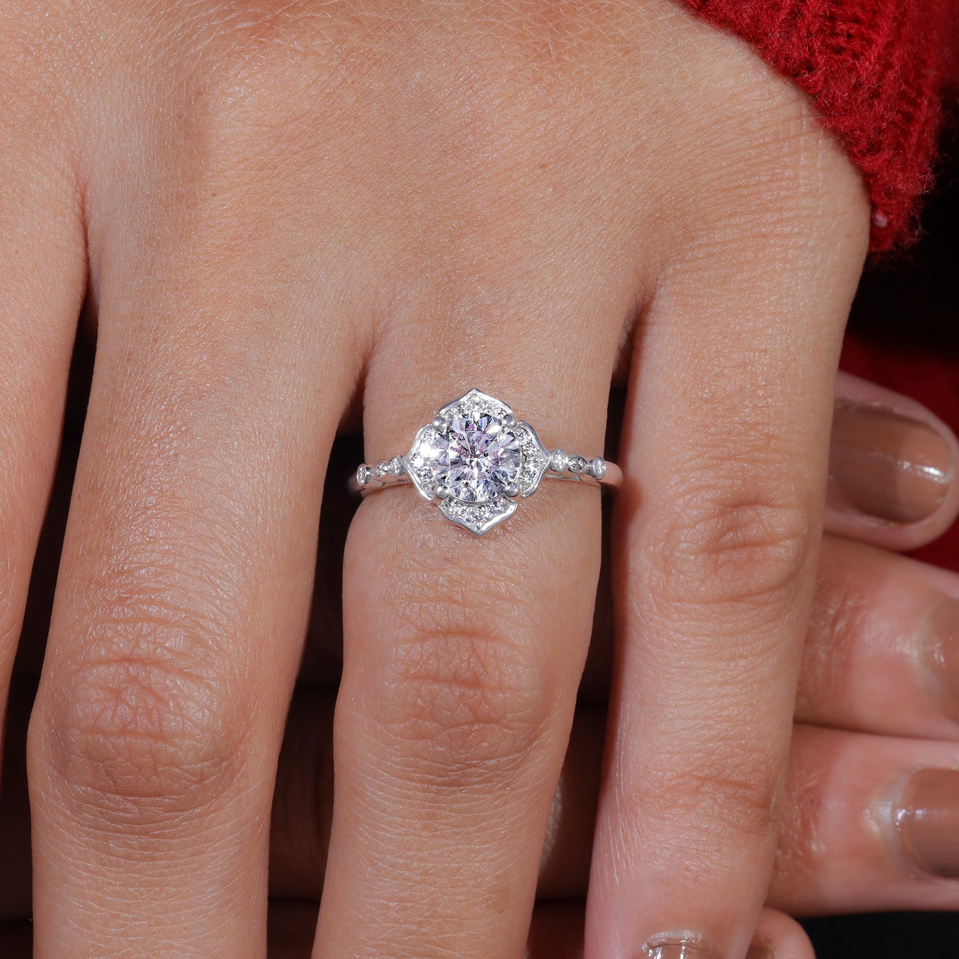 Flower Set Round Cut Moisaanite Unique Halo Engagement Ring