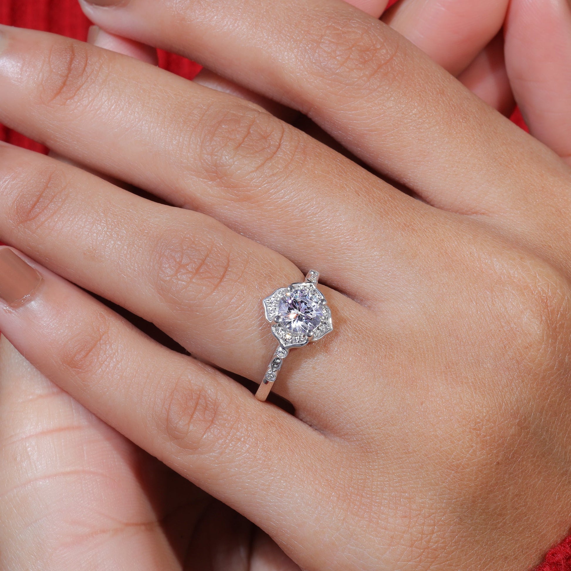 Flower Set Round Cut Moisaanite Unique Halo Engagement Ring
