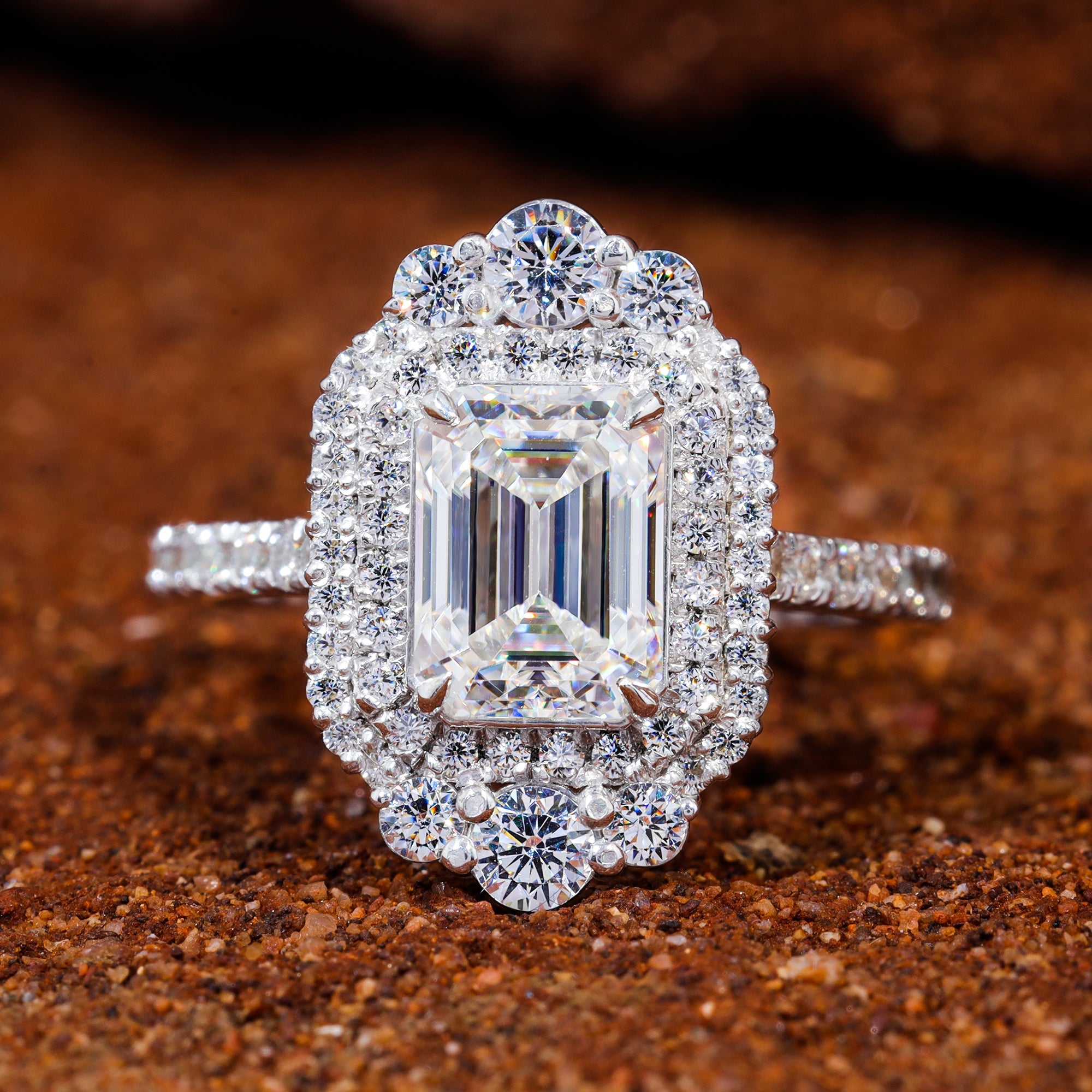 Emerald Cut Moissanite Double Halo Set Engagement Ring