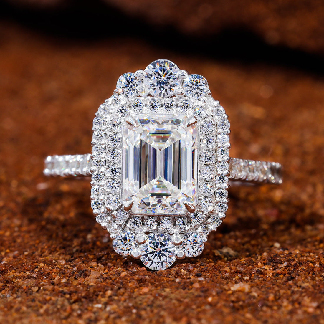 Emerald Cut Moissanite Double Halo Set Engagement Ring
