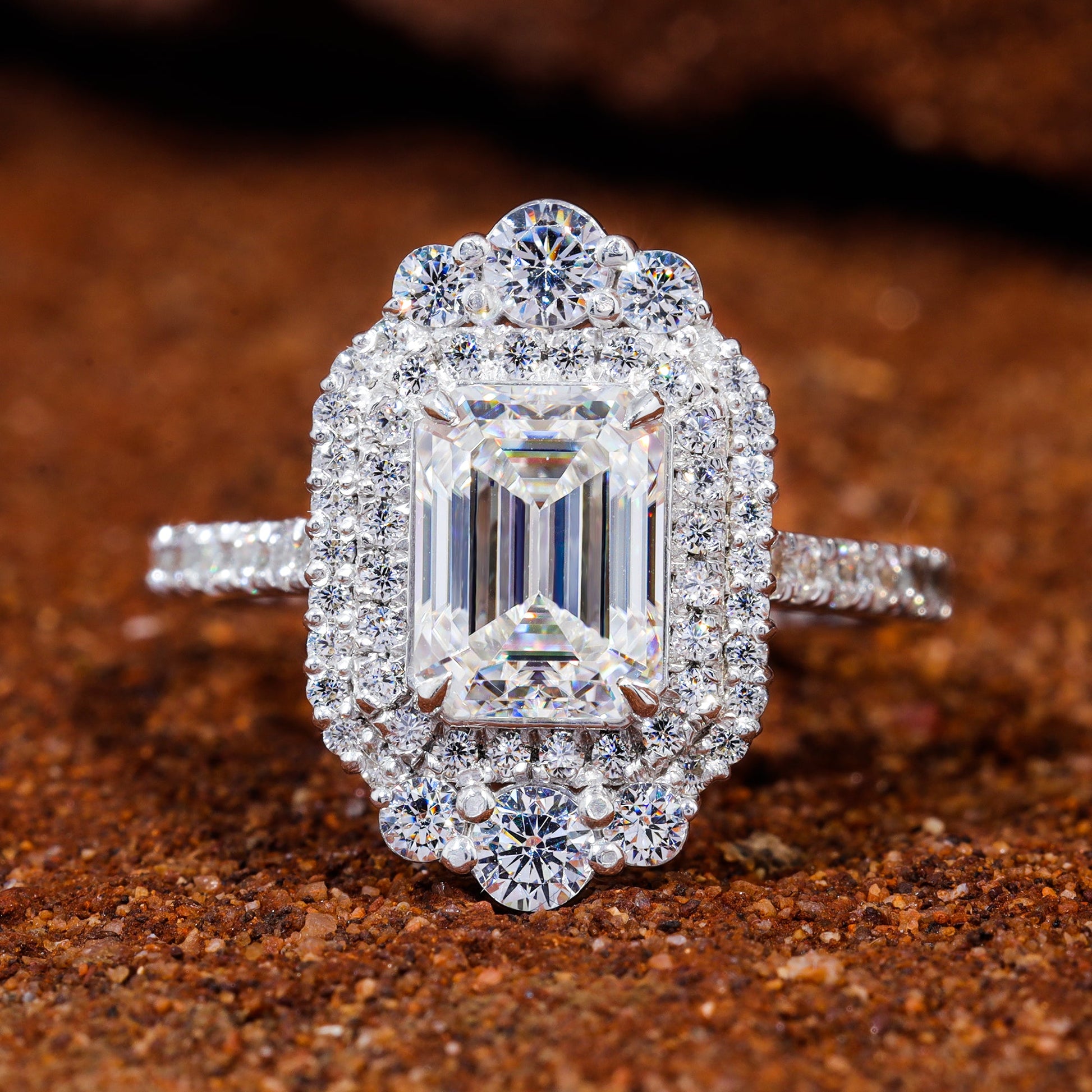 Emerald Cut Moissanite Double Halo Set Engagement Ring