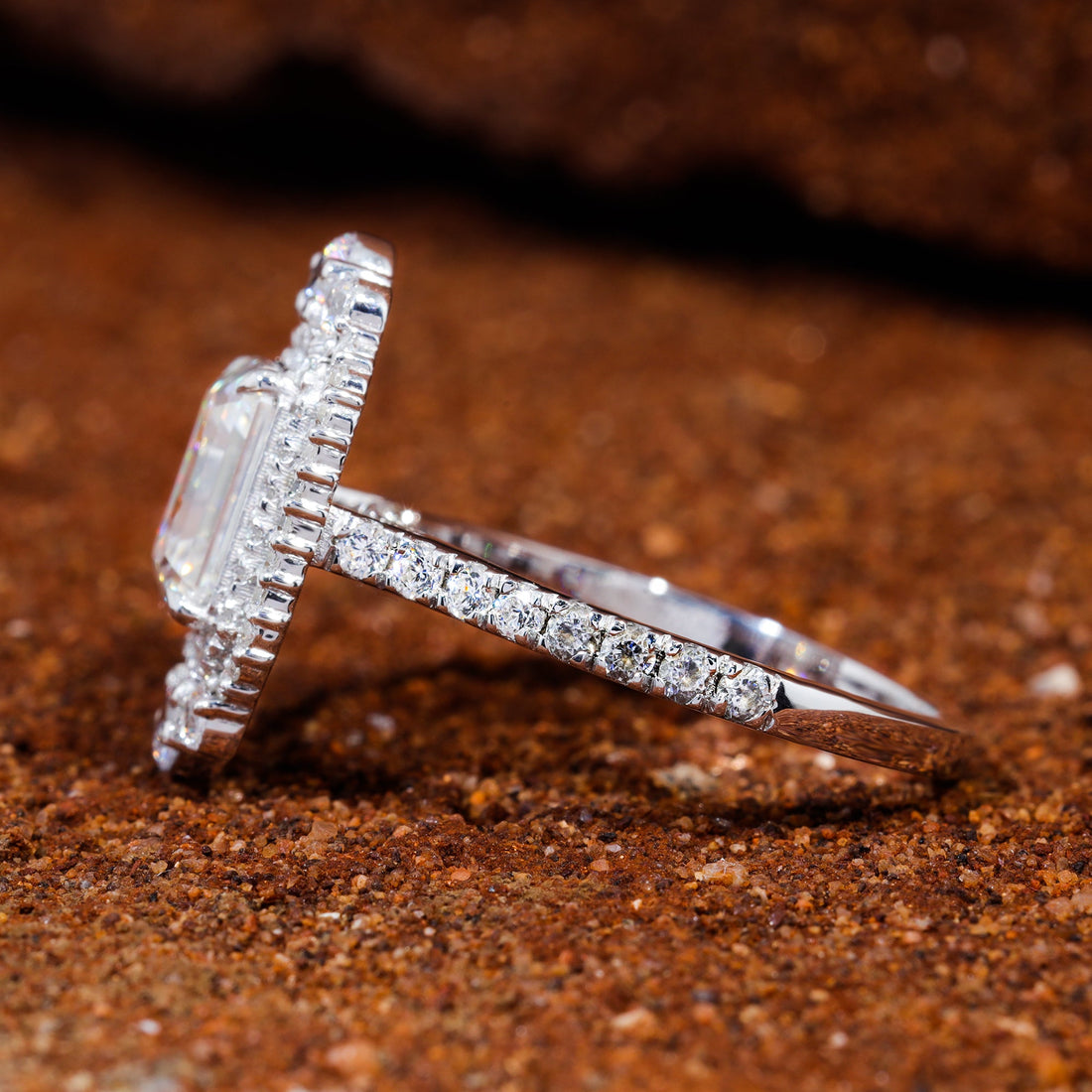 Emerald Cut Moissanite Double Halo Set Engagement Ring
