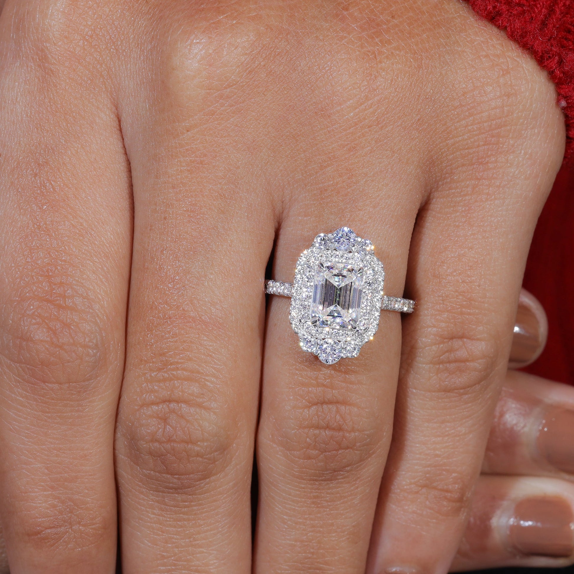 Emerald Cut Moissanite Double Halo Set Engagement Ring