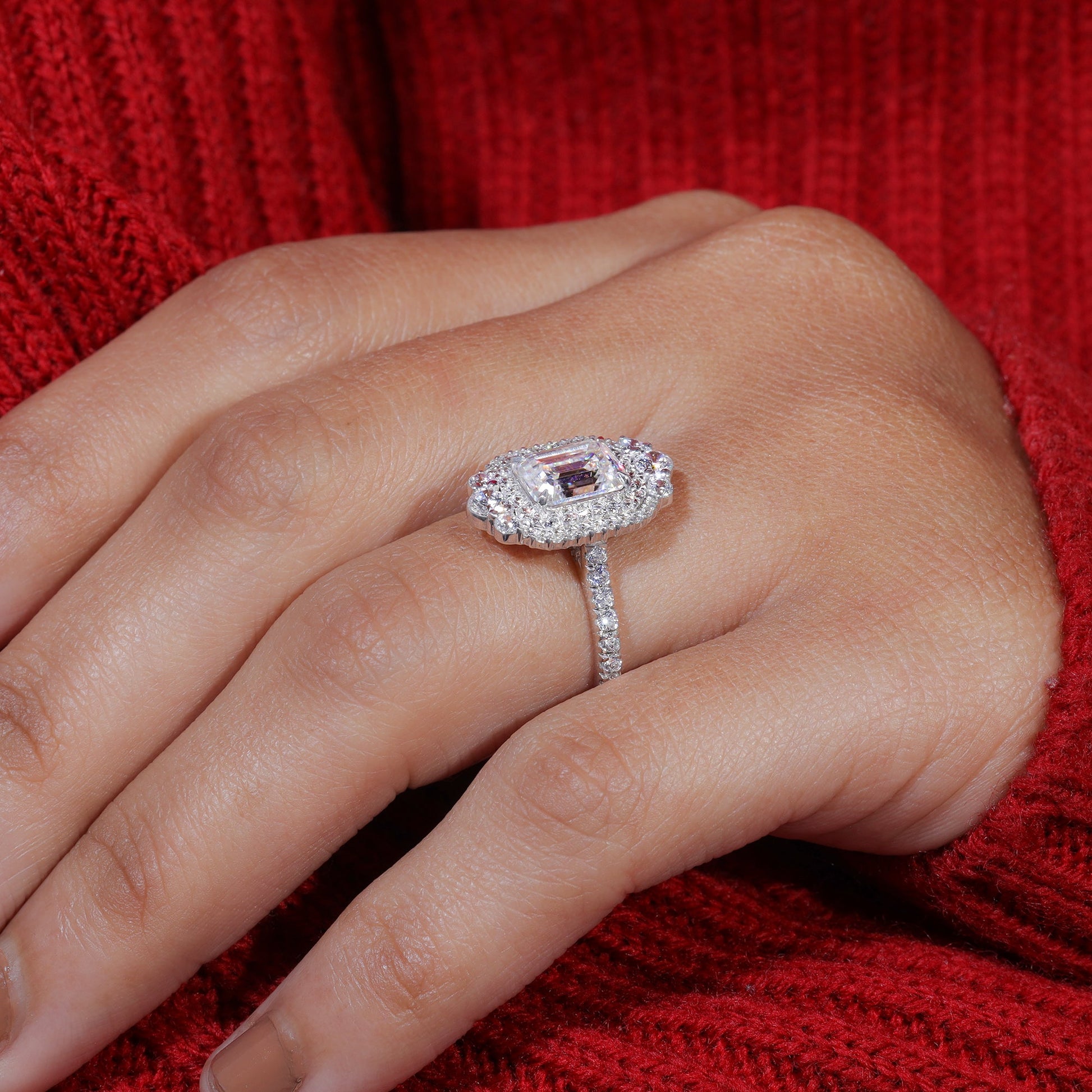 Emerald Cut Moissanite Double Halo Set Engagement Ring
