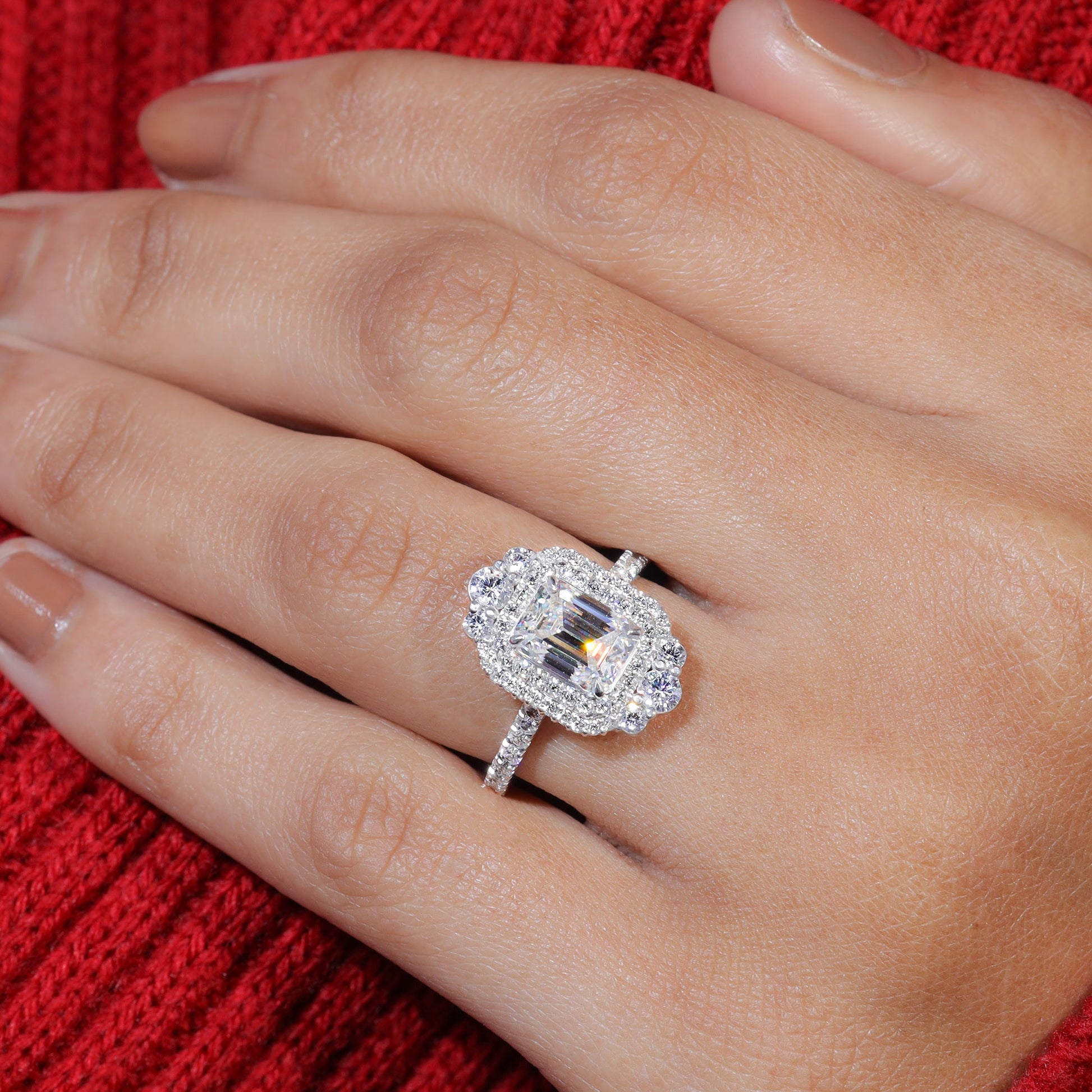 Emerald Cut Moissanite Double Halo Set Engagement Ring