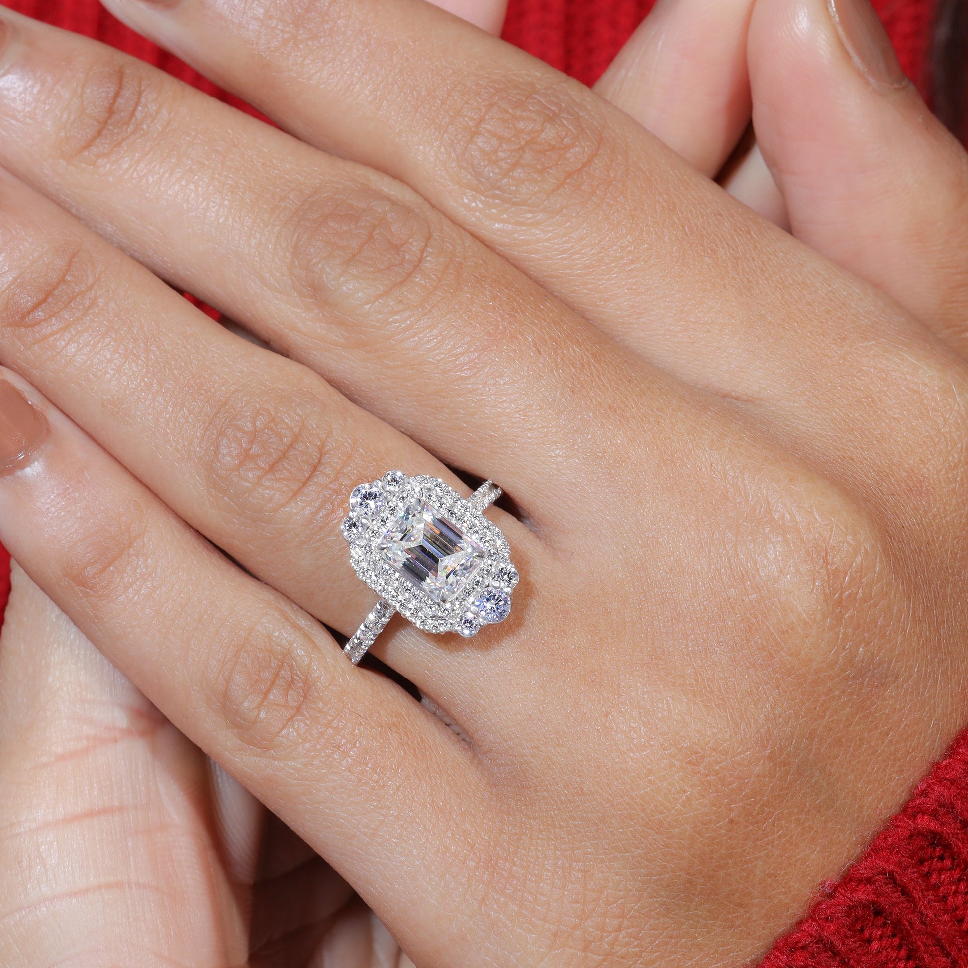 Emerald Cut Moissanite Double Halo Set Engagement Ring