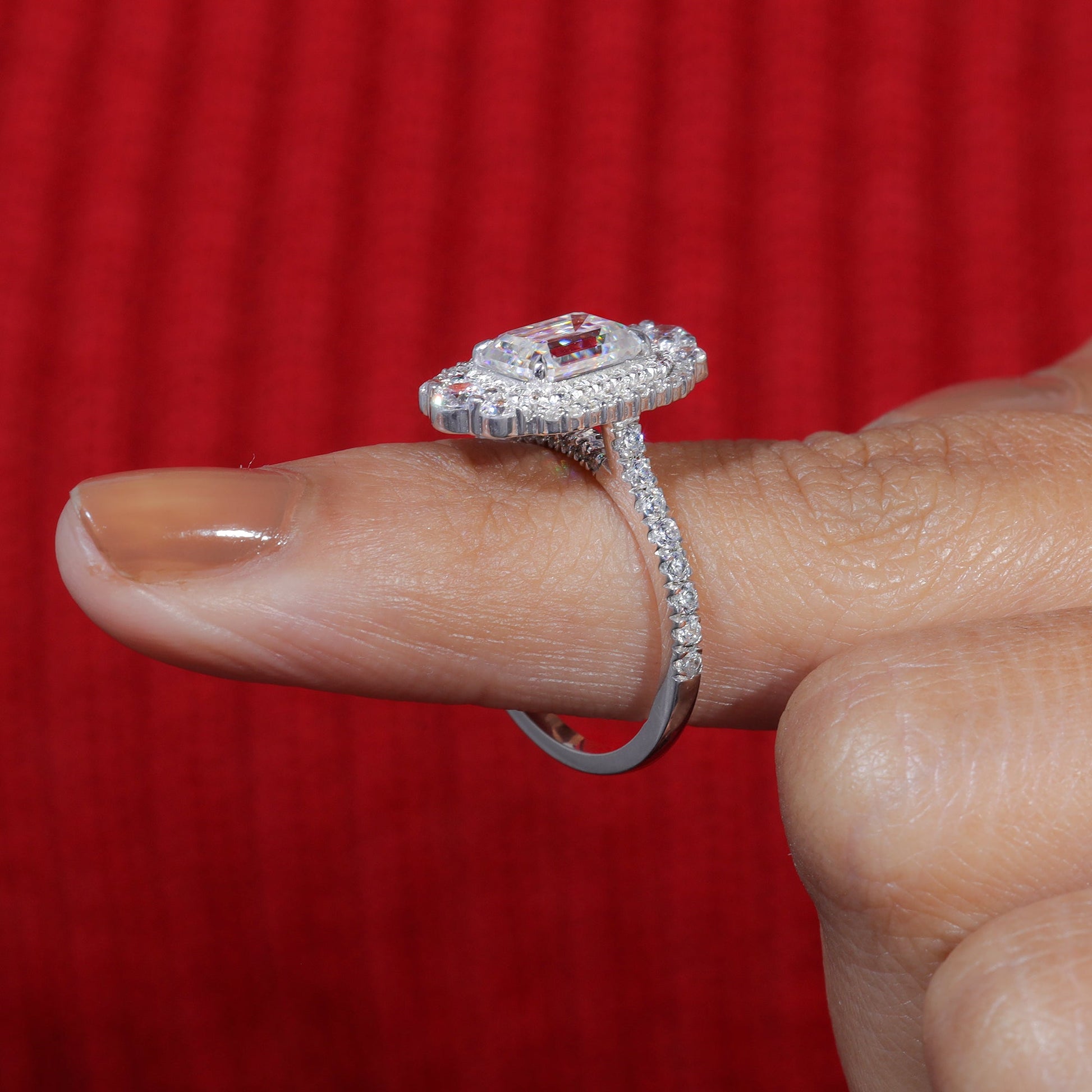 Emerald Cut Moissanite Double Halo Set Engagement Ring