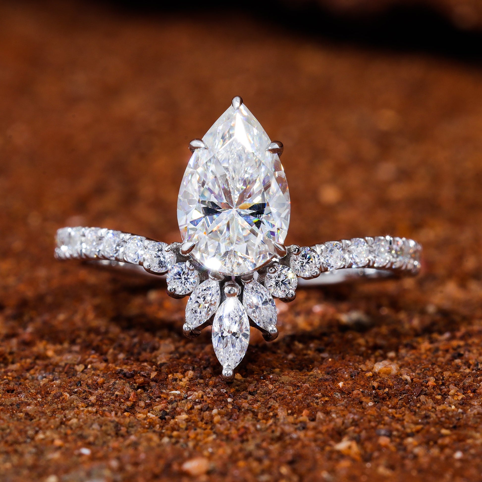 Pear Cut Moissanite Chevron Pave Engagement Ring